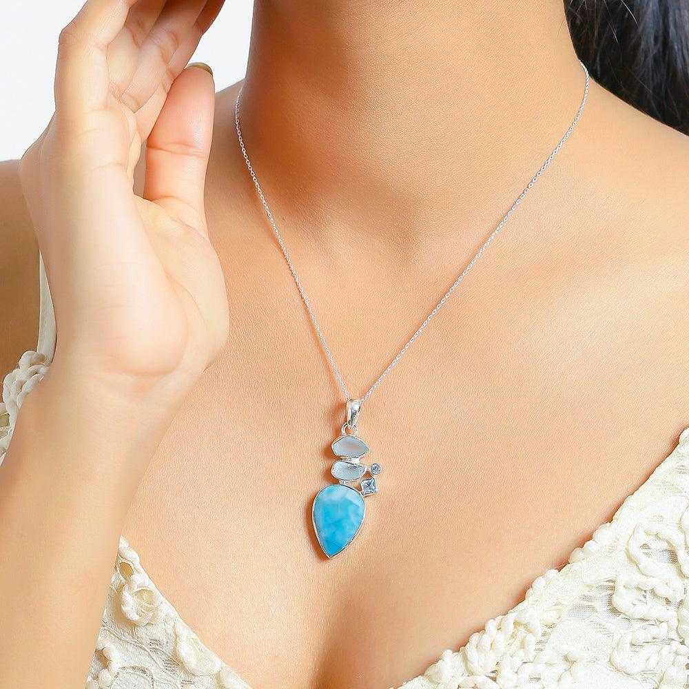 Larimar Solid 925 Sterling Silver Chain Pendant Necklace Jewelry - YoTreasure