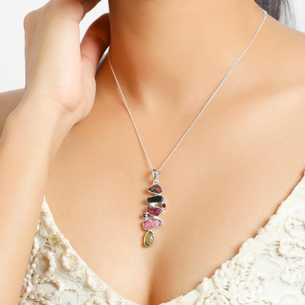 Rough Tourmaline Solid 925 Sterling Silver Pendant Necklace - YoTreasure