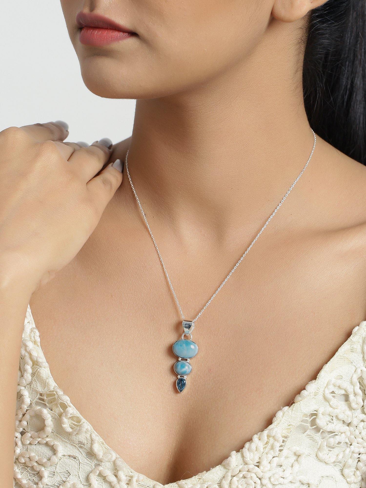 Larimar Blue Topaz Solid 925 Sterling Silver Chain Pendant Jewelry - YoTreasure