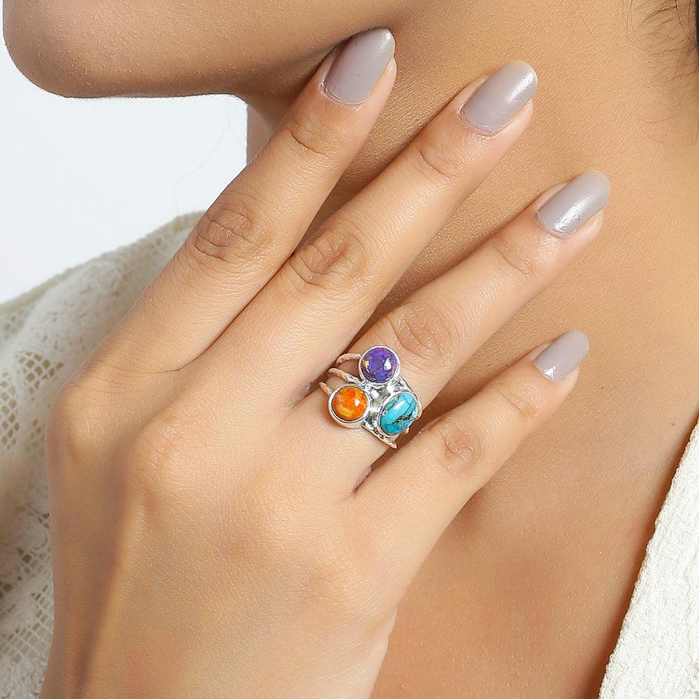 Tri Color Copper Turquoise Solid 925 Sterling Silver Designer Ring Jewelry - YoTreasure