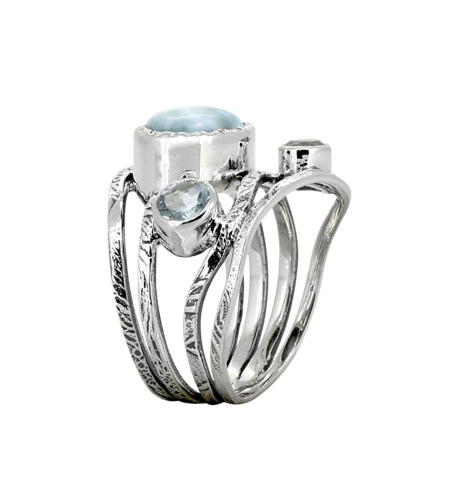 Natural Larimar Blue Topaz Solid 925 Sterling Silver Designer Bypass Ring Jewelry - YoTreasure