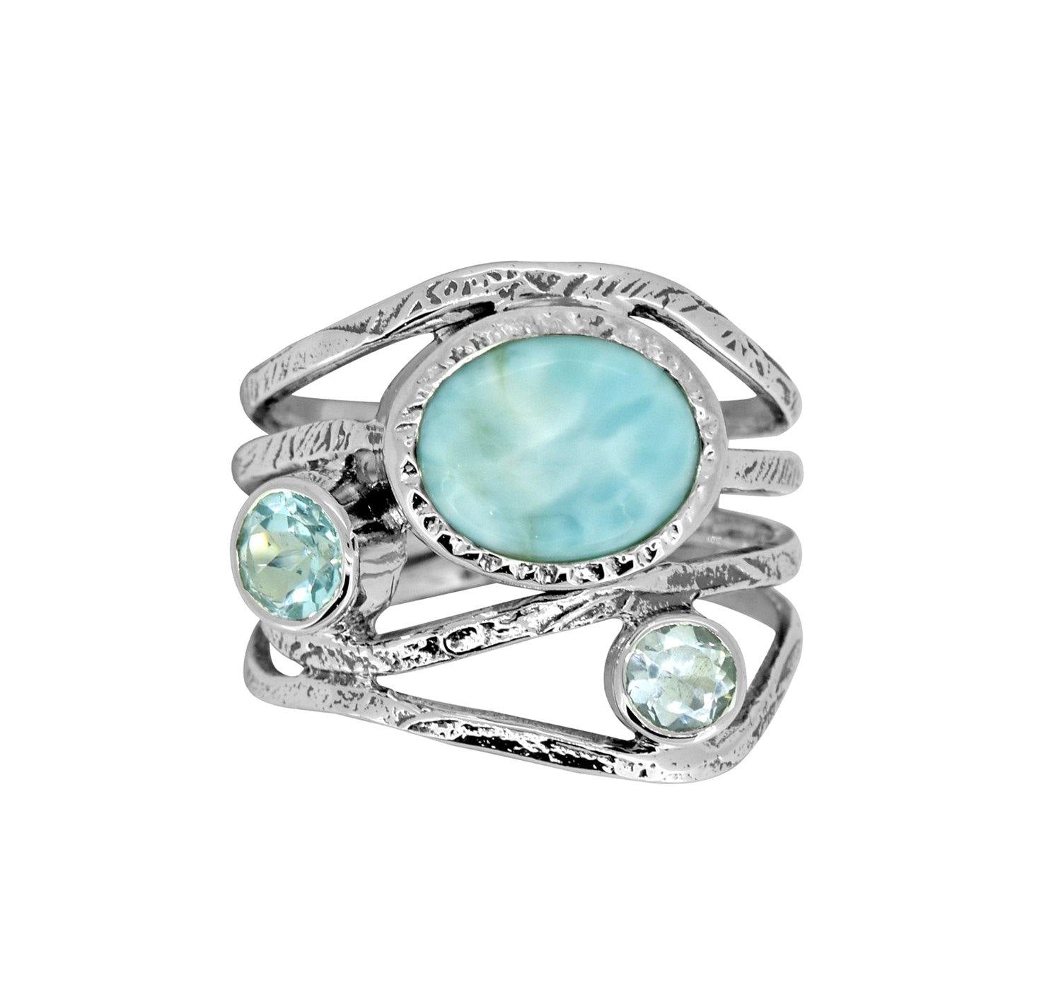 Natural Larimar Blue Topaz Solid 925 Sterling Silver Designer Bypass Ring Jewelry - YoTreasure