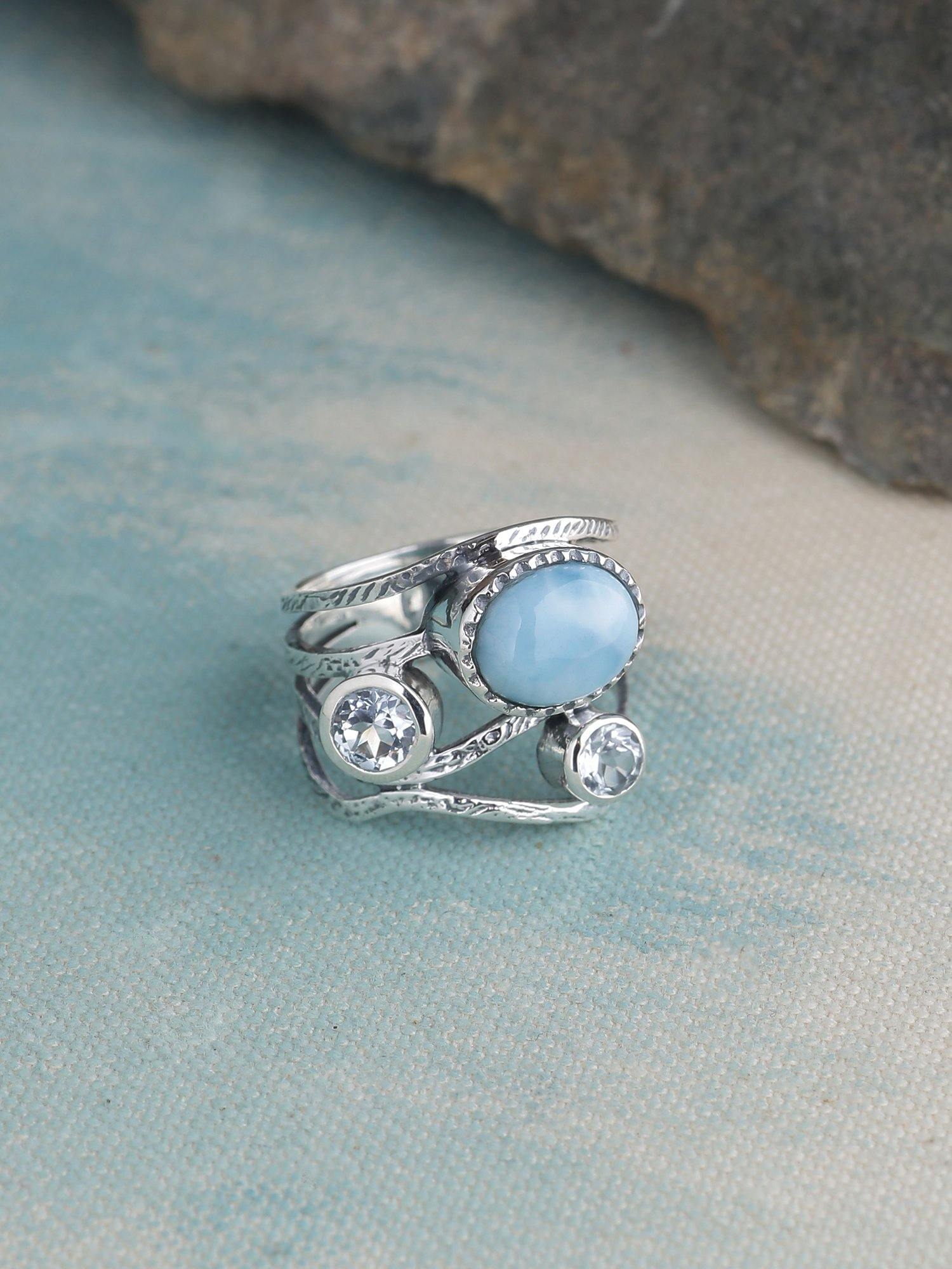 Natural Larimar Blue Topaz Solid 925 Sterling Silver Designer Bypass Ring Jewelry - YoTreasure