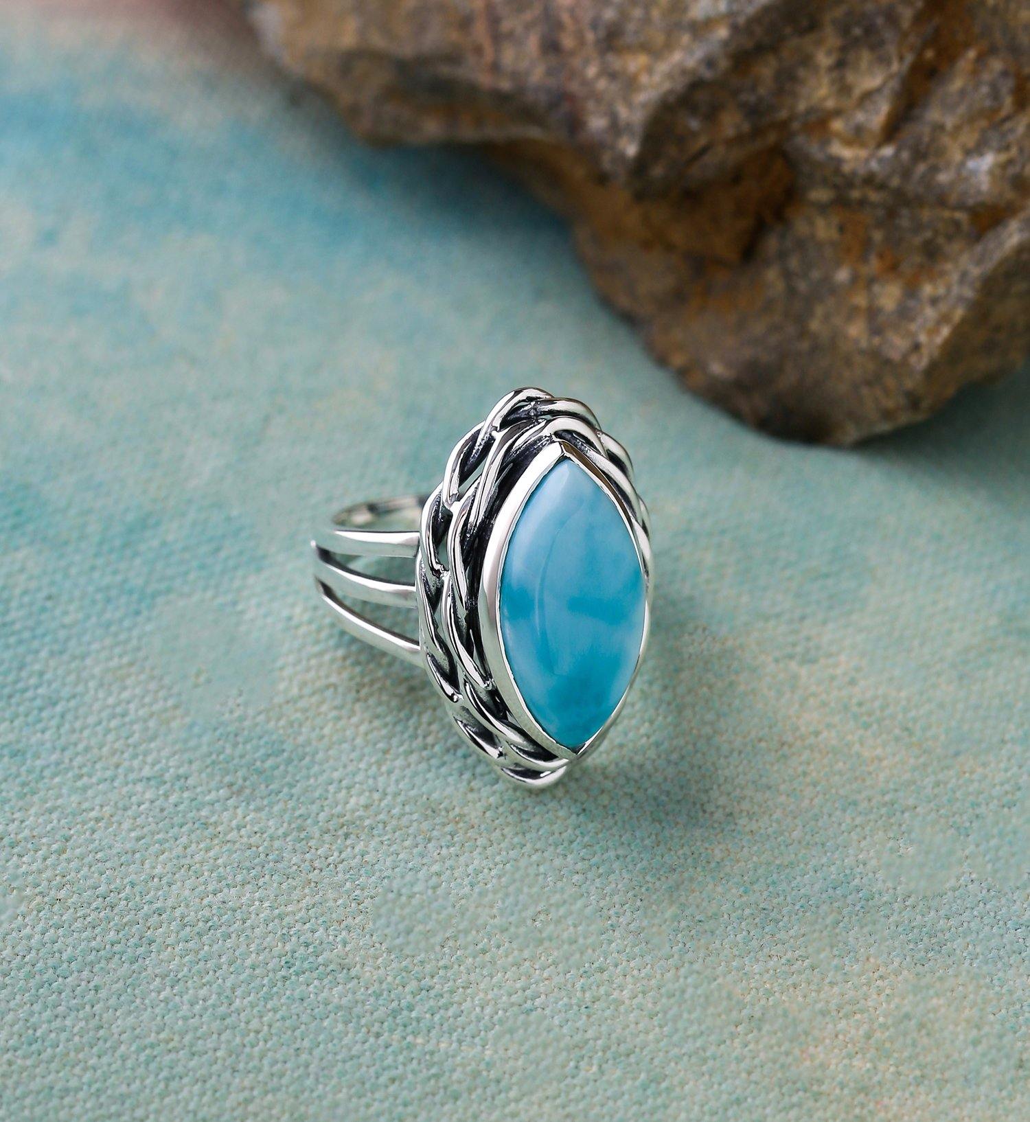 Natural Larimar Solid 925 Sterling Silver Braided Design Ring Jewelry - YoTreasure