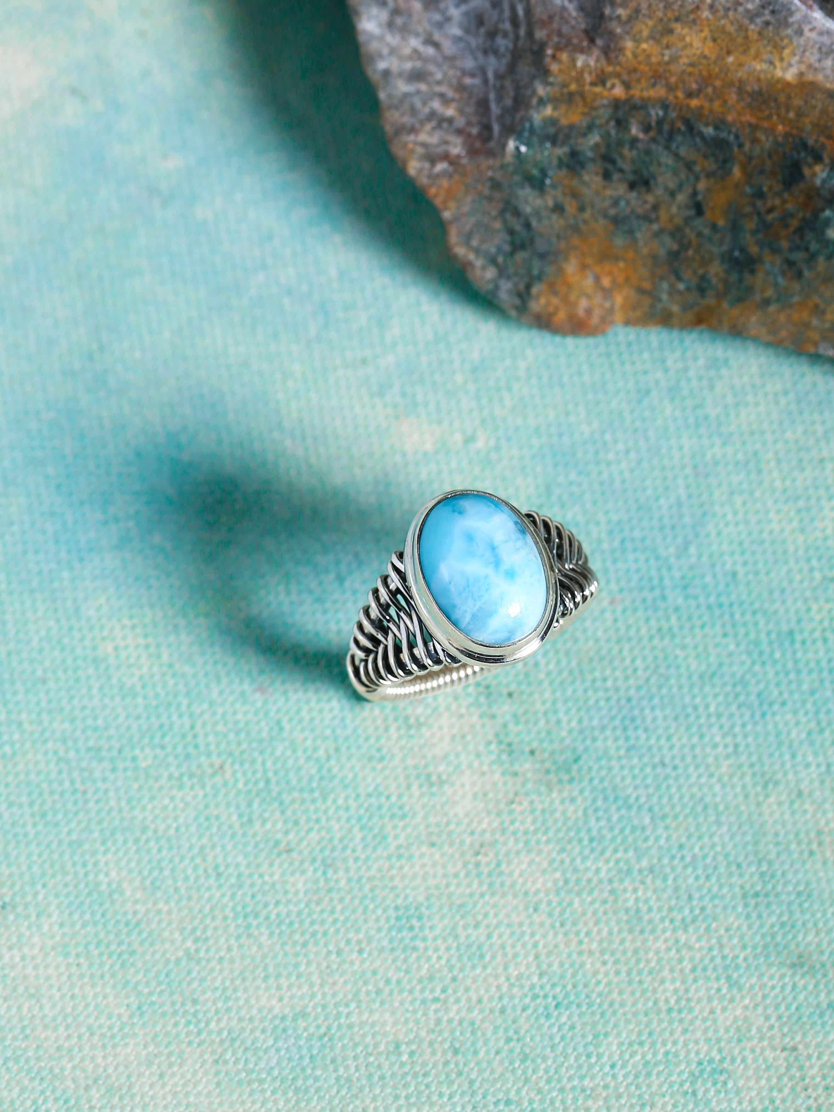 Natural Larimar Solid 925 Sterling Silver Ring Jewelry - YoTreasure