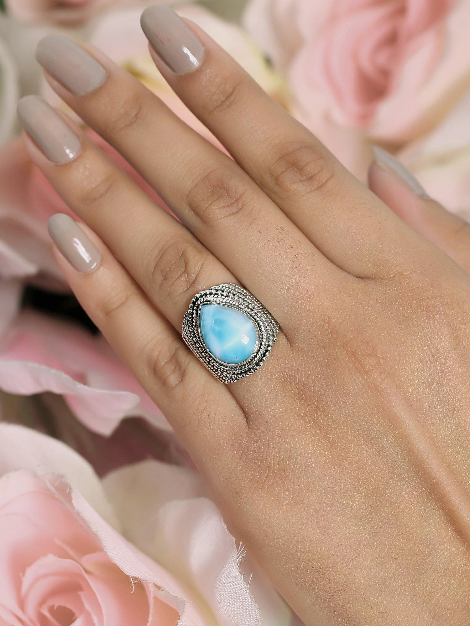 Natural Larimar Solid 925 Sterling Silver Designer Ring Jewelry - YoTreasure