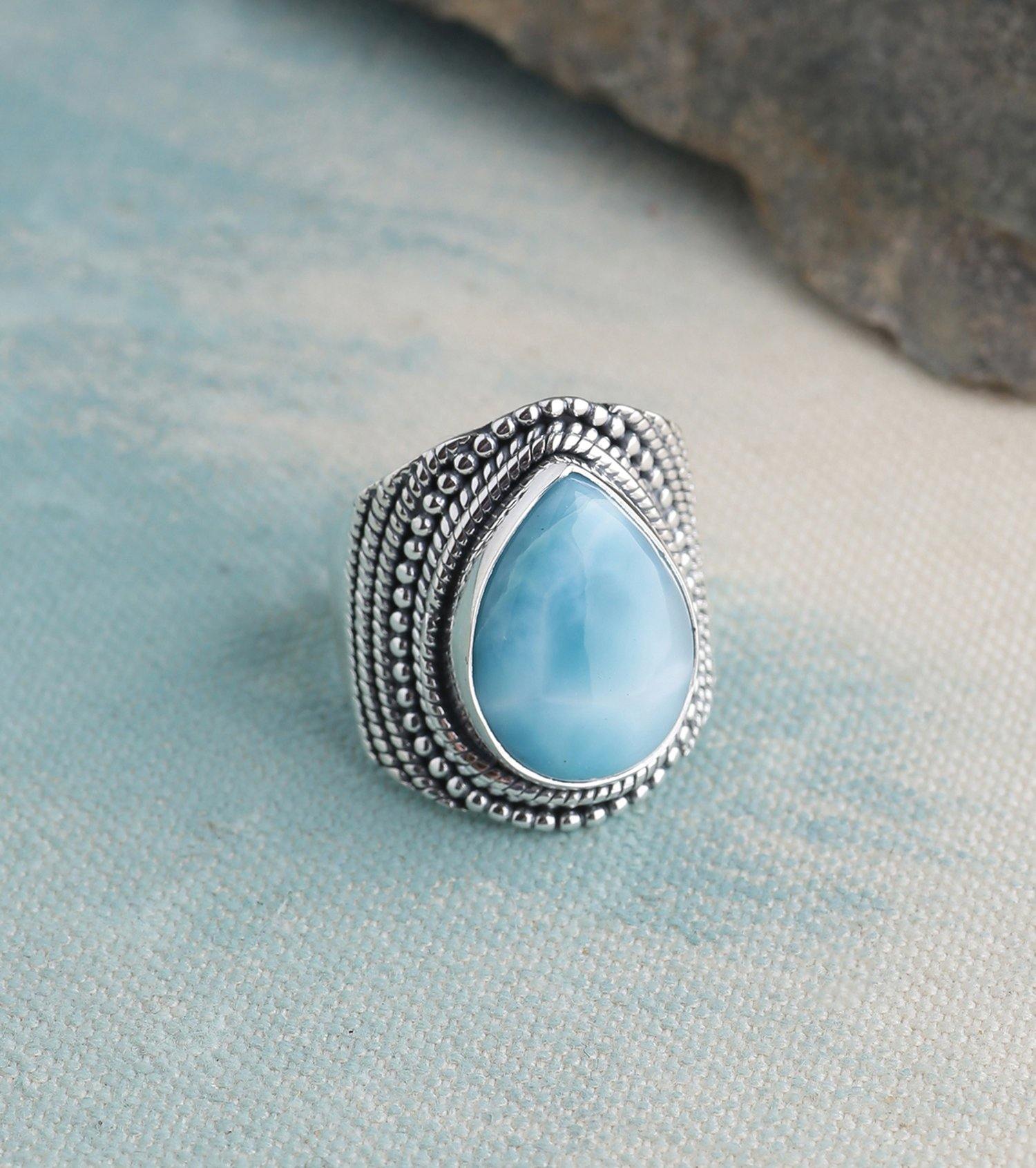 Natural Larimar Solid 925 Sterling Silver Designer Ring Jewelry - YoTreasure
