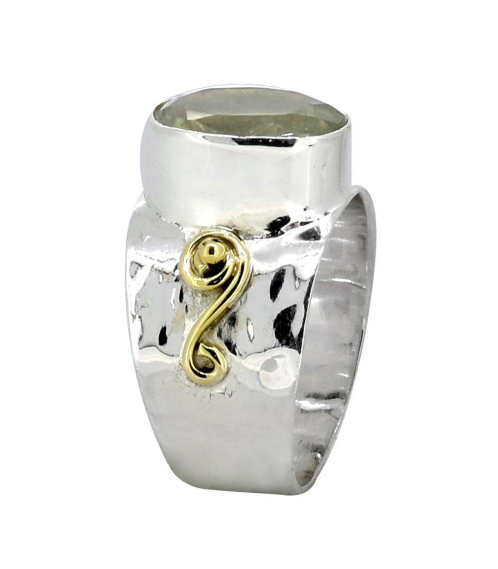 Solid 925 Sterling Silver Brass Green Amethyst Ring - YoTreasure