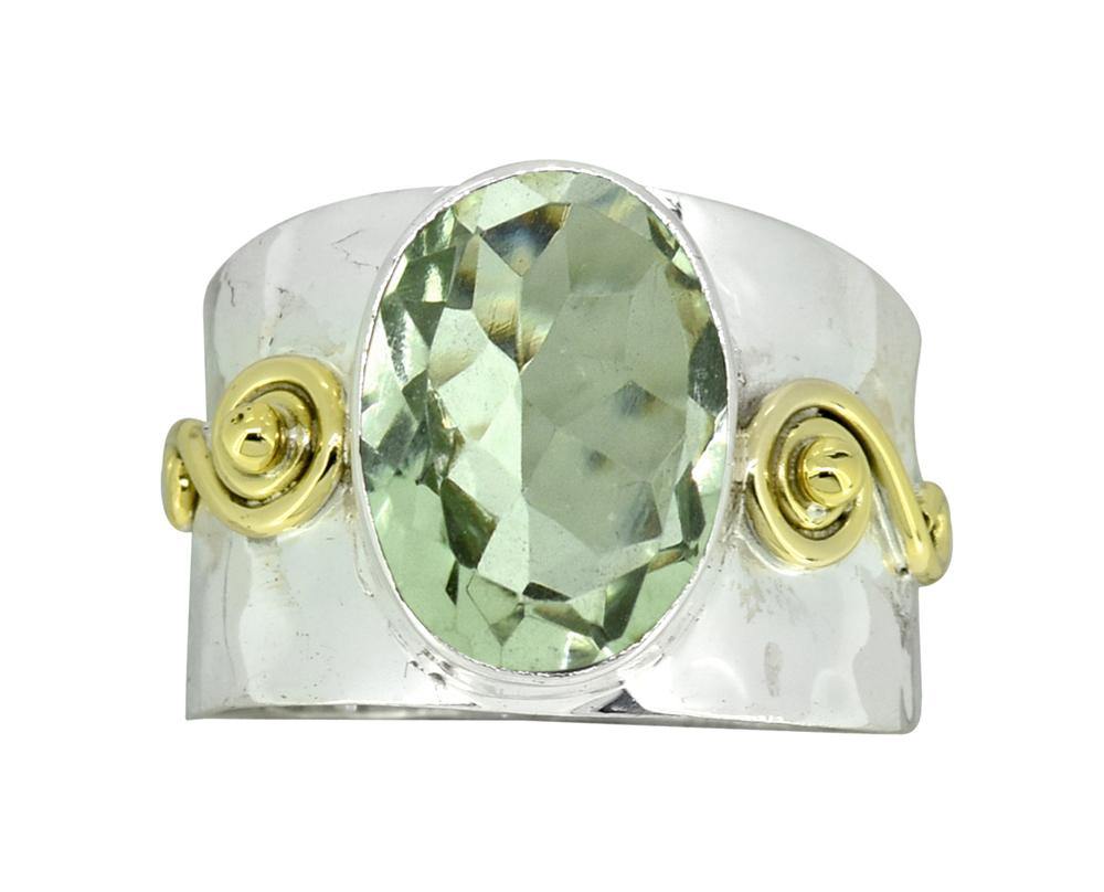 Solid 925 Sterling Silver Brass Green Amethyst Ring - YoTreasure