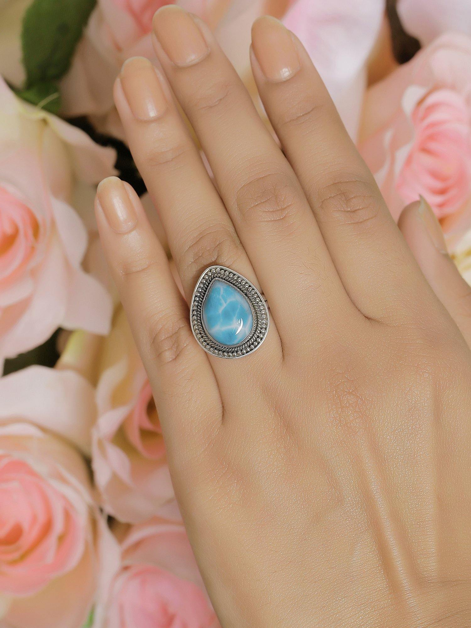 Natural Larimar Solid 925 Sterling Silver Ring Jewelry - YoTreasure