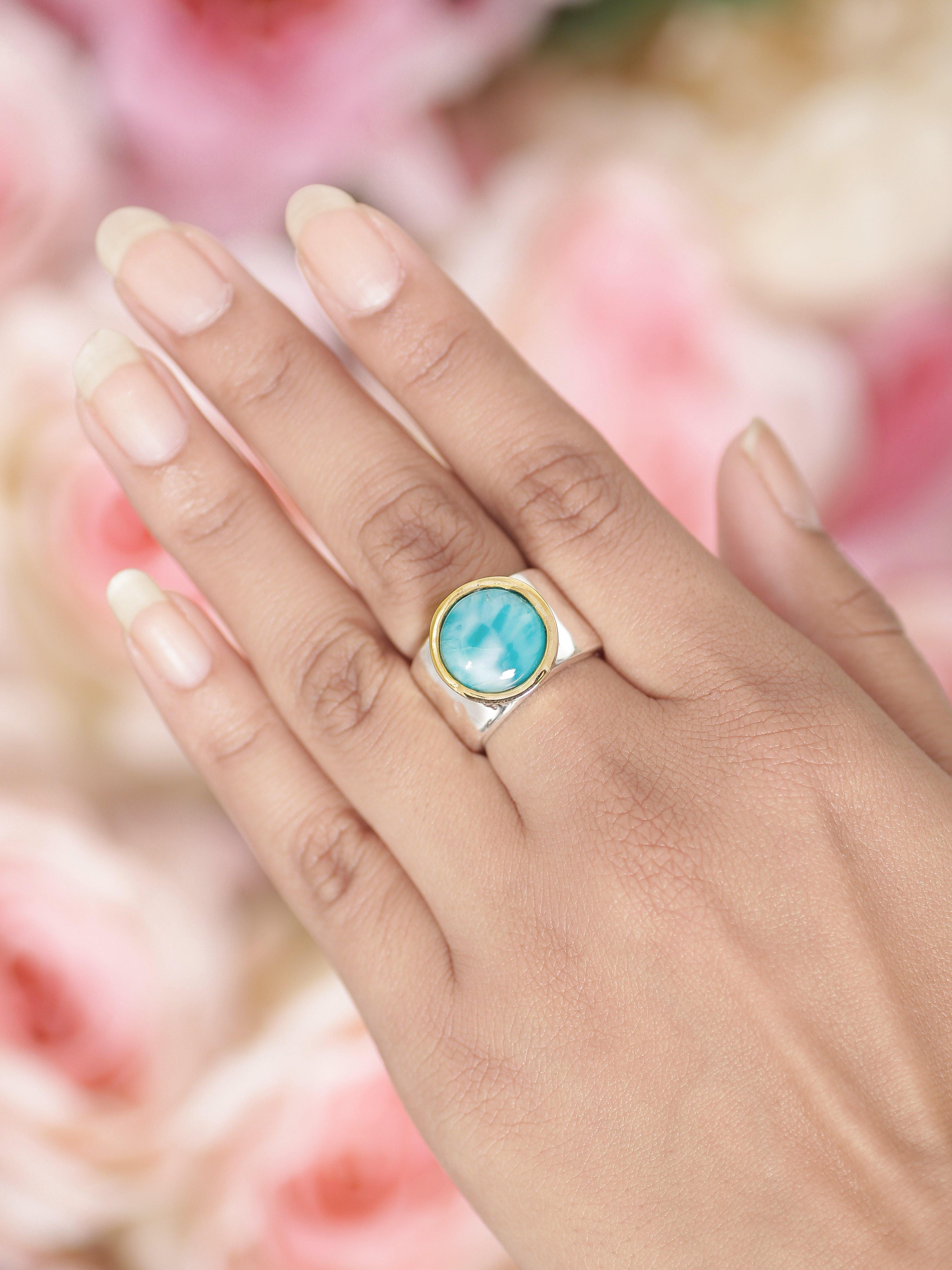 Natural Larimar Solid 925 Sterling Silver Brass Hammered Ring Jewelry - YoTreasure