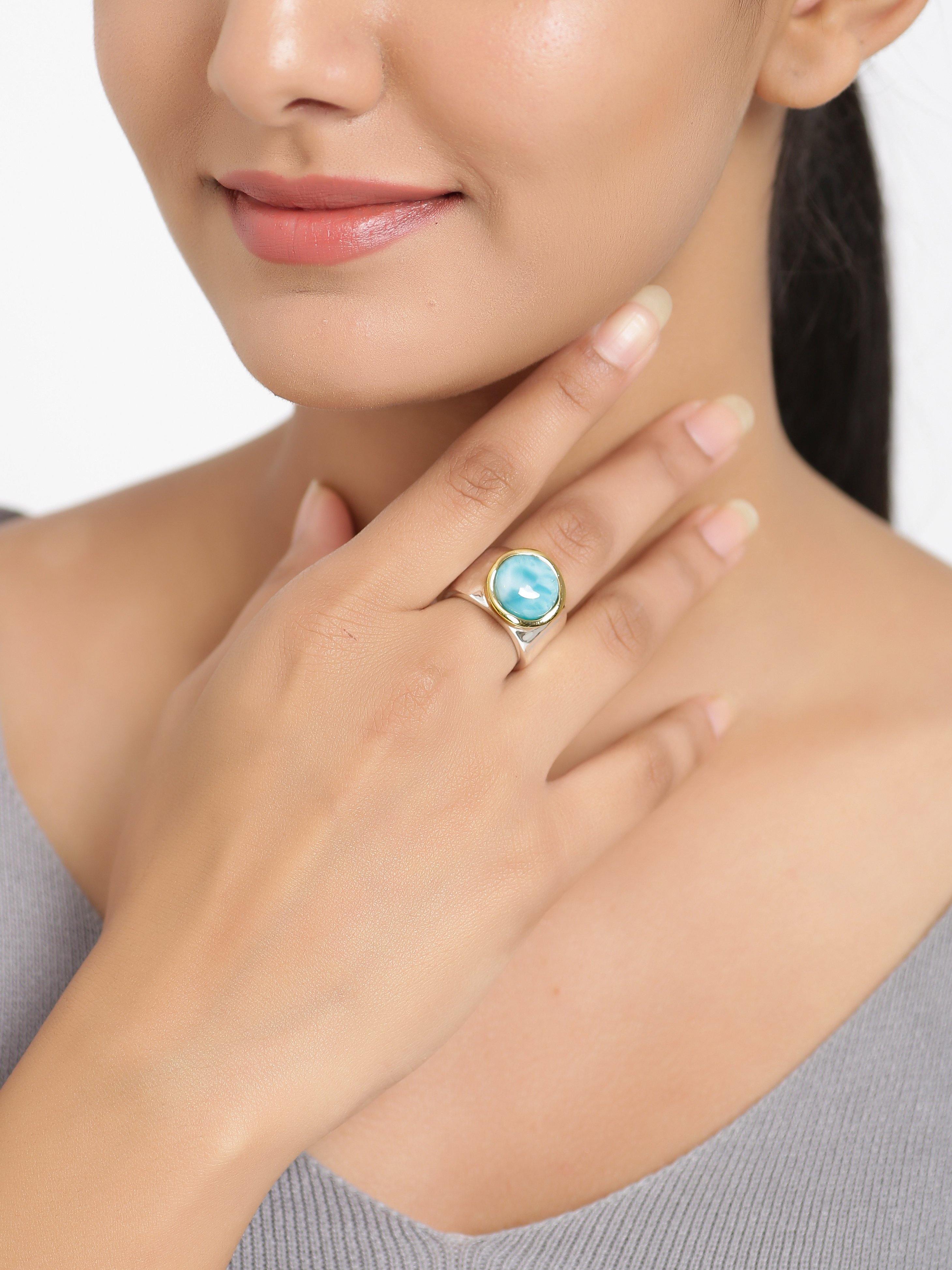 Natural Larimar Solid 925 Sterling Silver Brass Hammered Ring Jewelry - YoTreasure