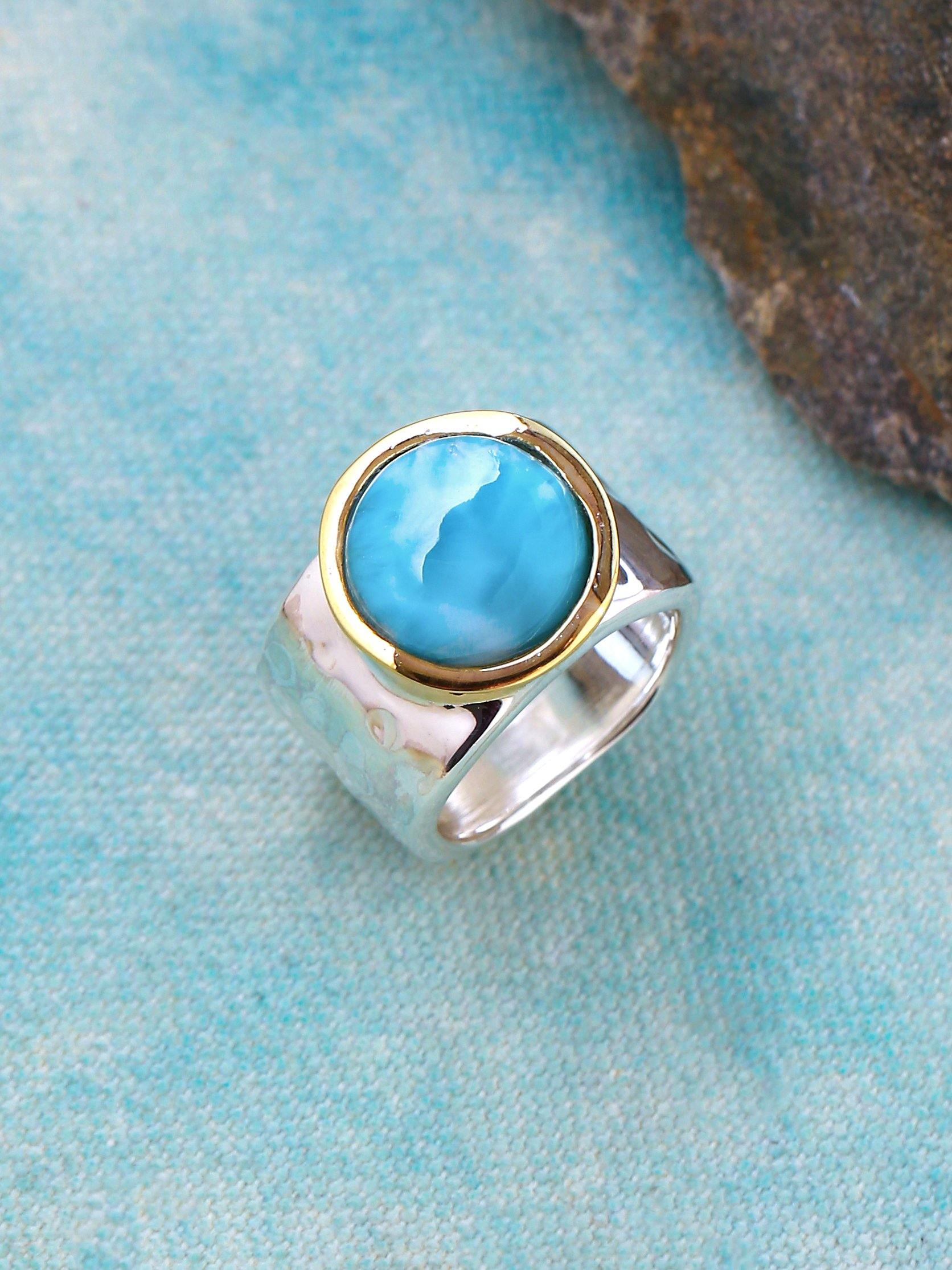 Natural Larimar Solid 925 Sterling Silver Brass Hammered Ring Jewelry - YoTreasure