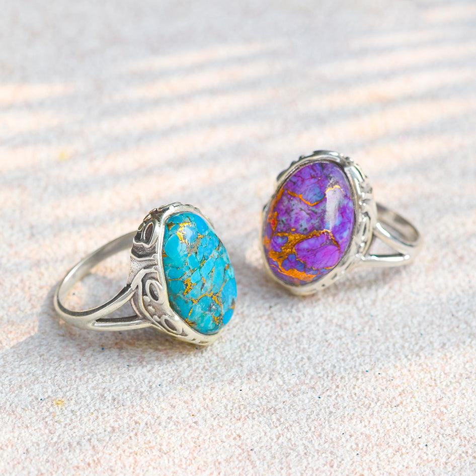 Purple Copper Turquoise Solid 925 Sterling Silver Ring Jewelry - YoTreasure
