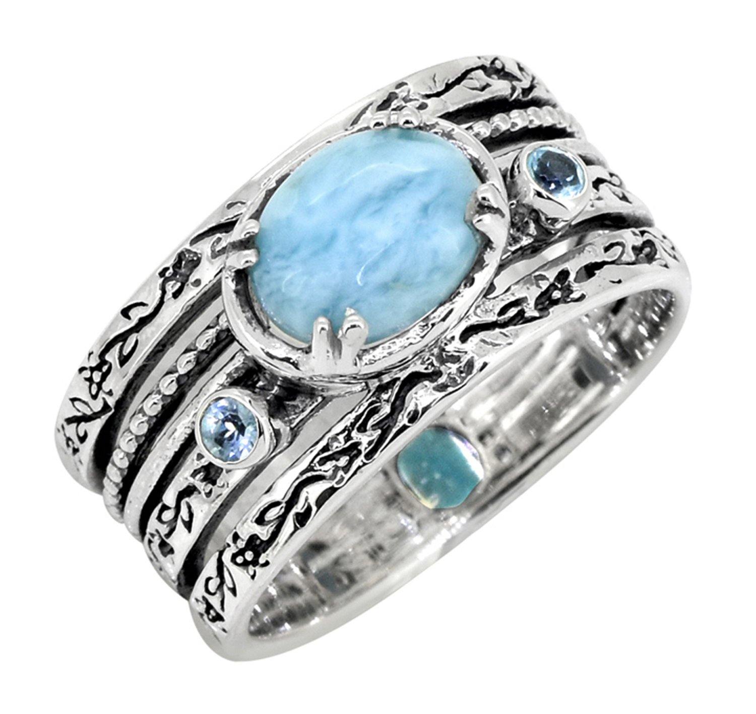 Larimar Swiss Blue Topaz Solid 925 Sterling Silver Designer Ring Jewelry - YoTreasure