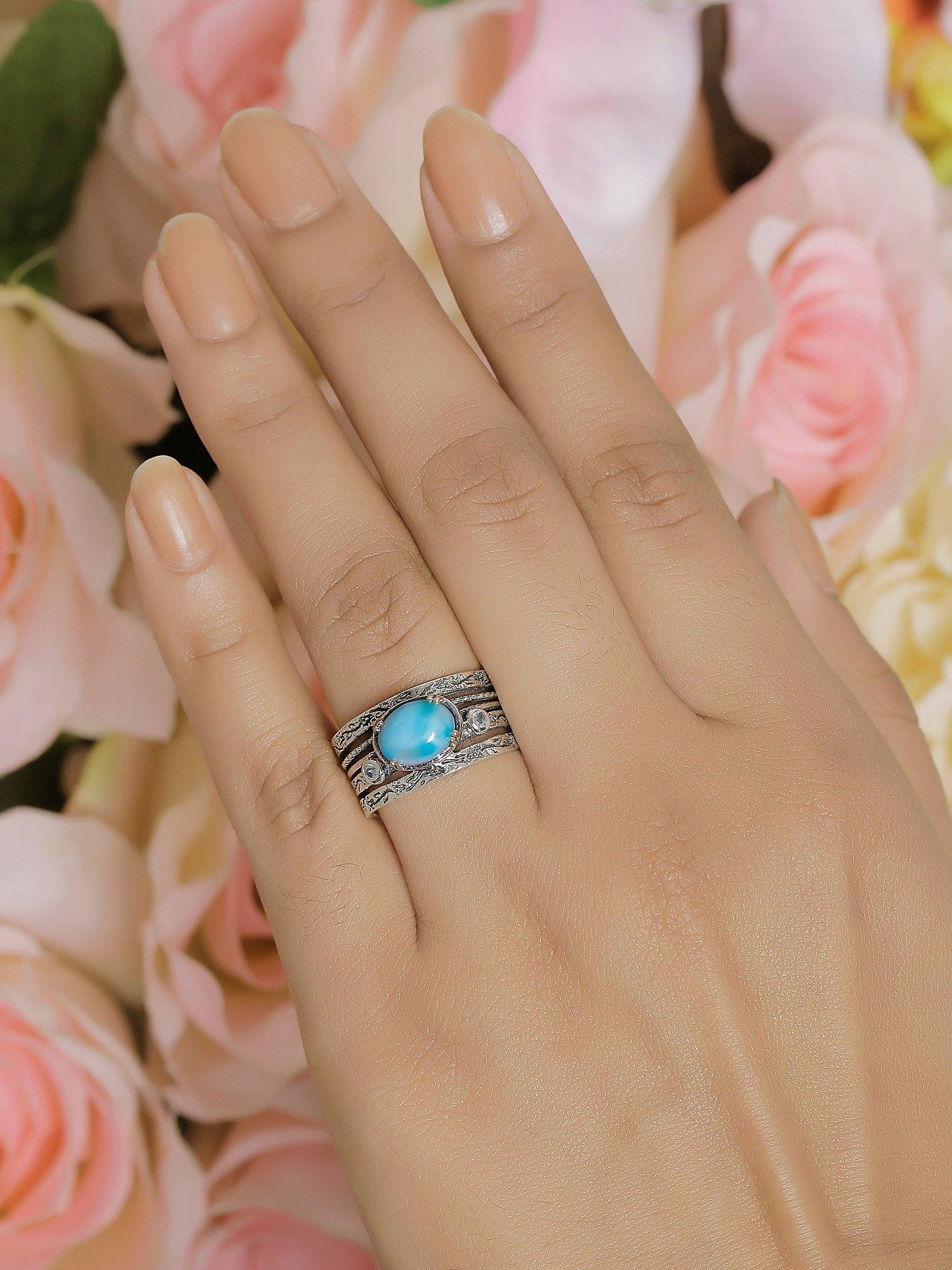 Larimar Swiss Blue Topaz Solid 925 Sterling Silver Designer Ring Jewelry - YoTreasure