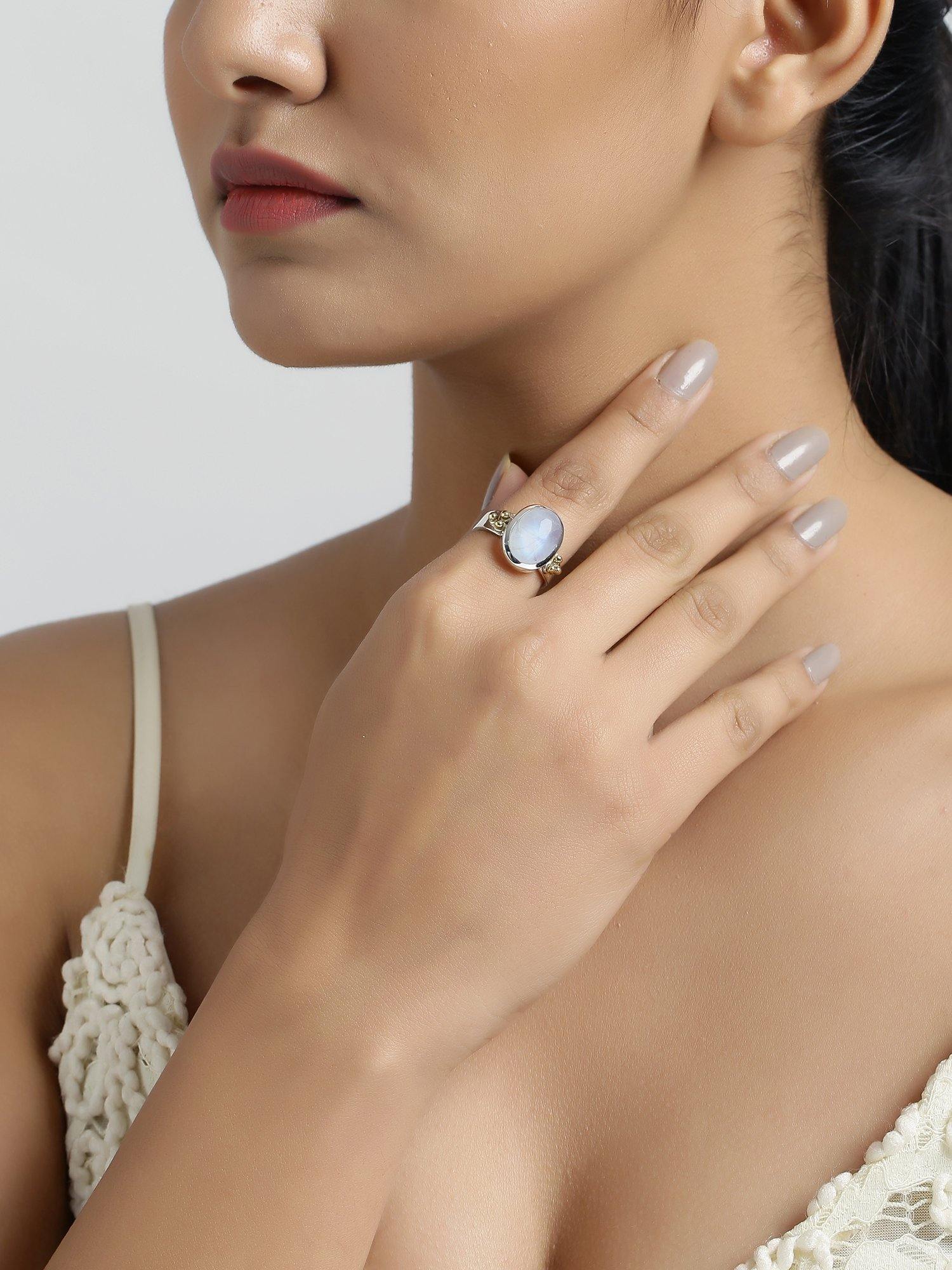 10x12 MM Moonstone Solitaire Ring 925 Sterling Silver With Brass Accents - YoTreasure