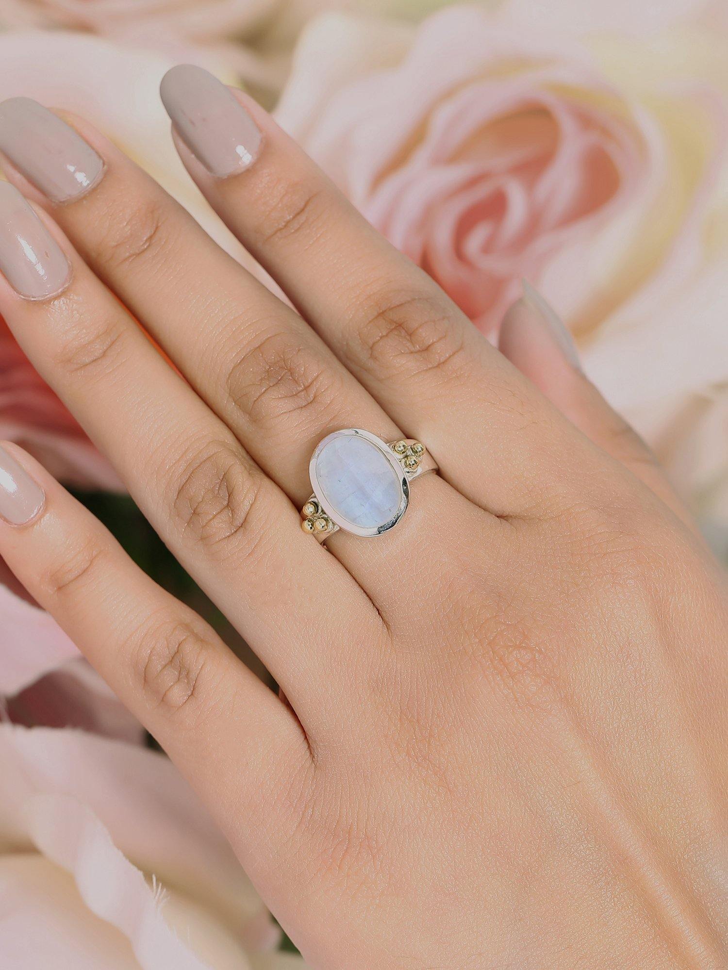 10x12 MM Moonstone Solitaire Ring 925 Sterling Silver With Brass Accents - YoTreasure