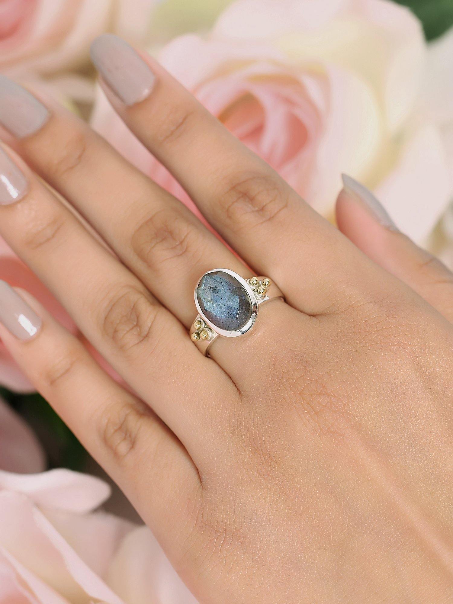 Labradorite Solid 925 Sterling Silver Brass Ring Jewelry - YoTreasure