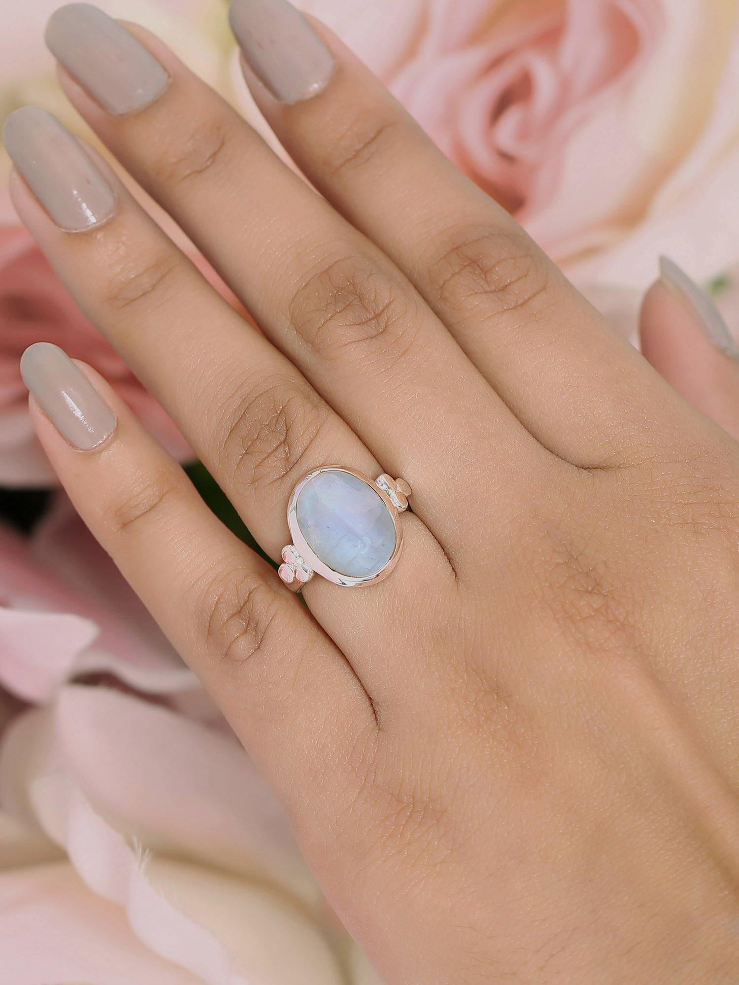 Rainbow Moonstone Solid 925 Sterling Silver Ring Jewelry - YoTreasure