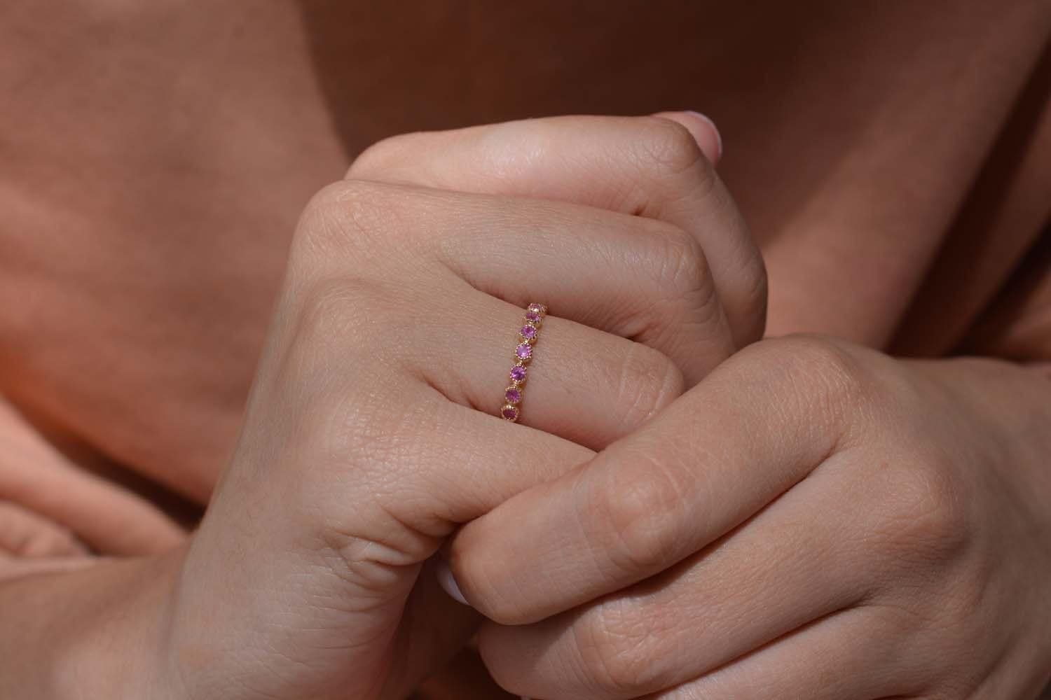 0.36 ct Pink Sapphire Solid 14k Yellow Gold Eternity Band Ring Jewelry - YoTreasure