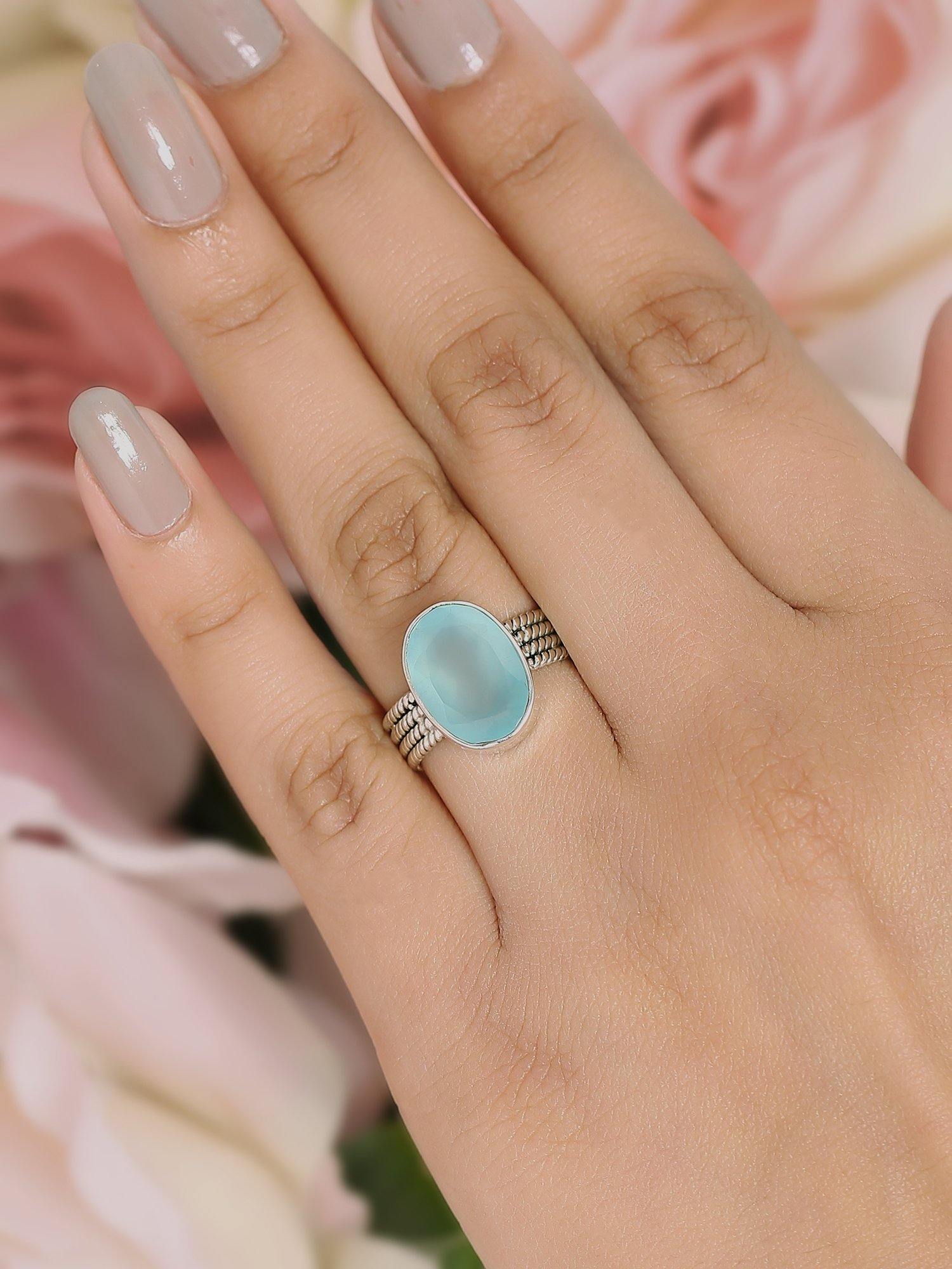 Aqua Chalcedony Solid 925 Sterling Silver Ring Jewelry - YoTreasure