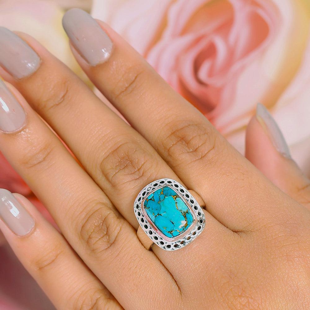 Blue Copper Turquoise Solid 925 Sterling Silver Ring Jewelry - YoTreasure