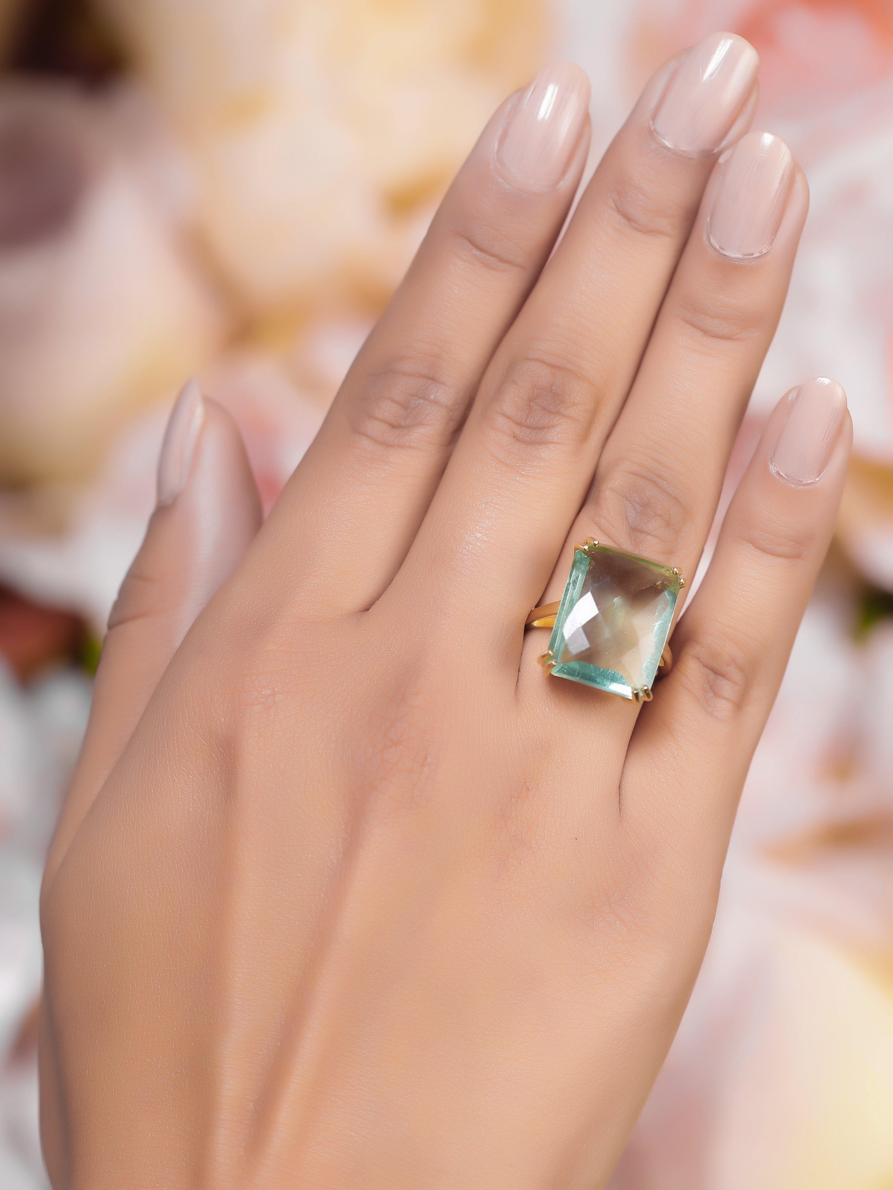 Green Fluorite Solid 925 Sterling Silver Gold Plated Statement Ring Jewelry - YoTreasure