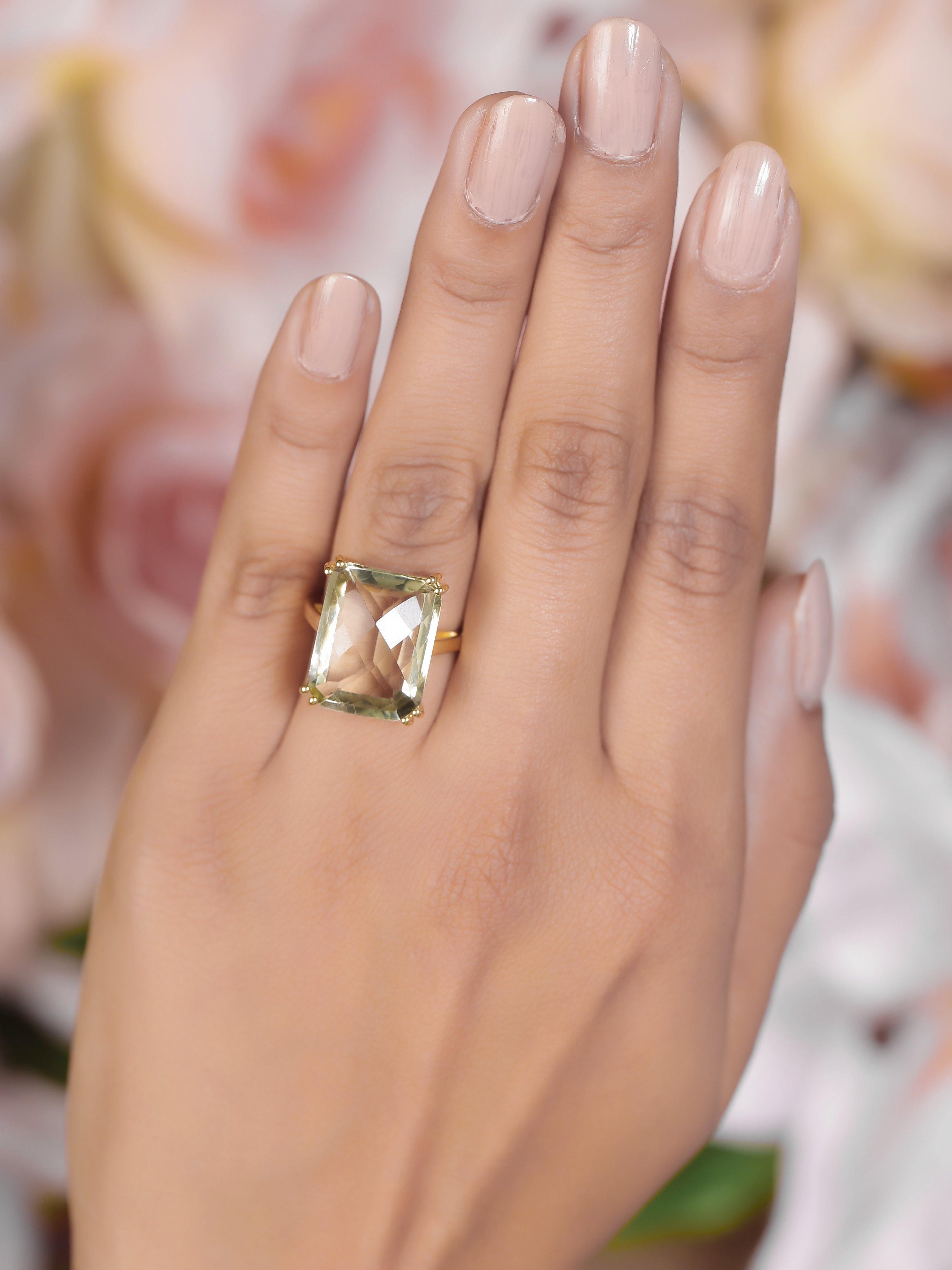 Green Amethyst Solid 925 Sterling Silver Gold Plated Ring Jewelry - YoTreasure