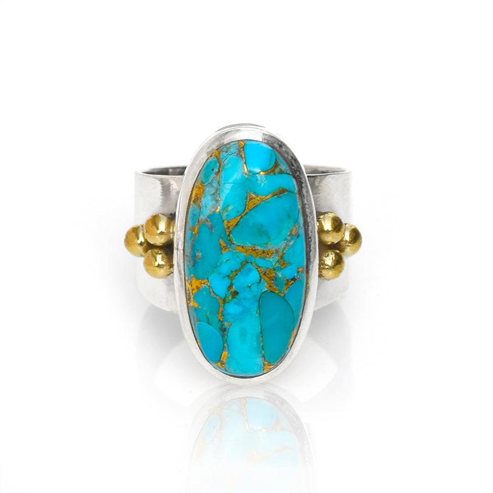 Blue Copper Turquoise Solid 925 Sterling Silver Brass Ring Genuine Gemstone Jewelry - YoTreasure