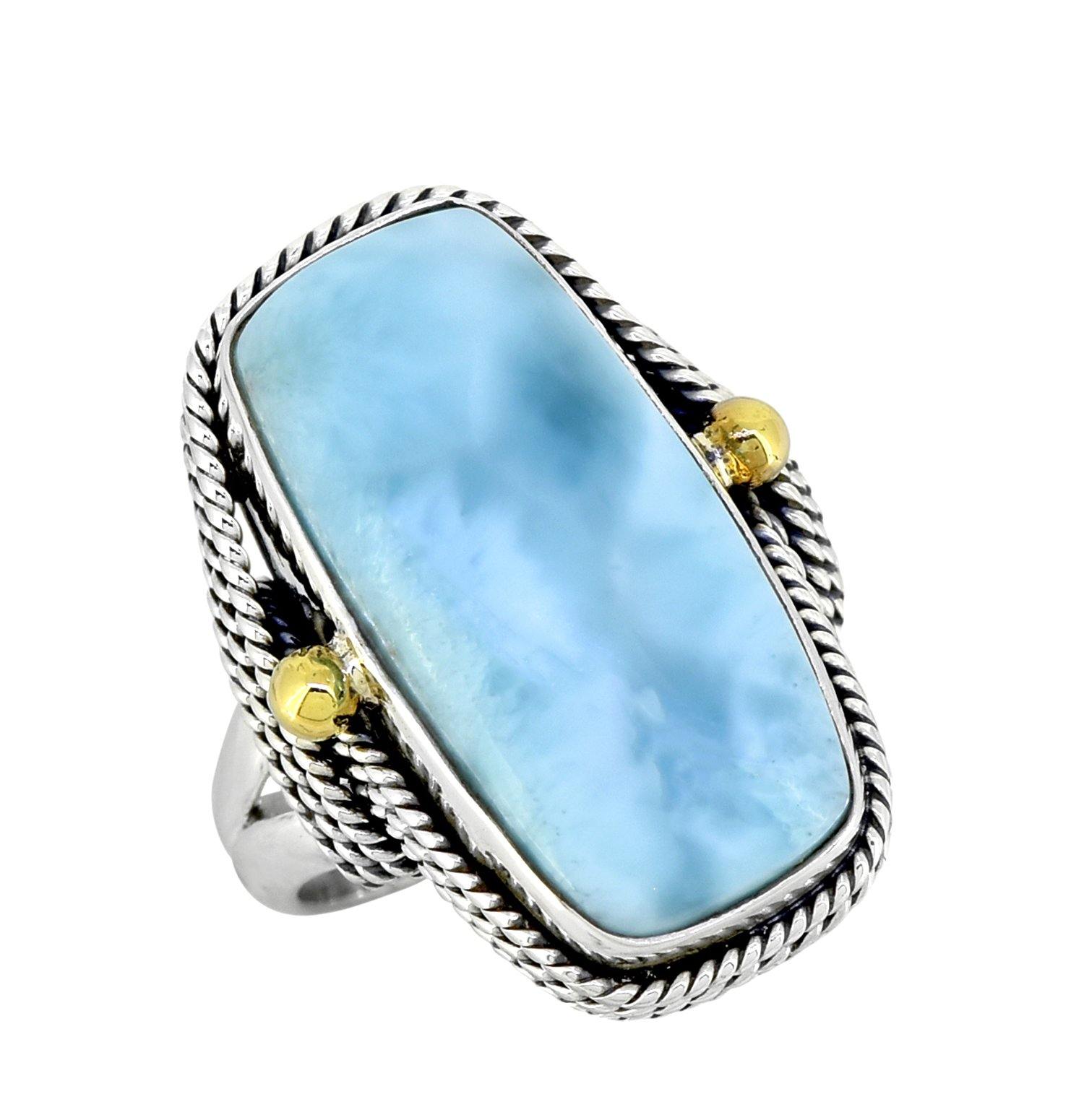 Natural Larimar Solid 925 Sterling Silver Brass Statement Ring Genuine Gemstone Jewelry - YoTreasure