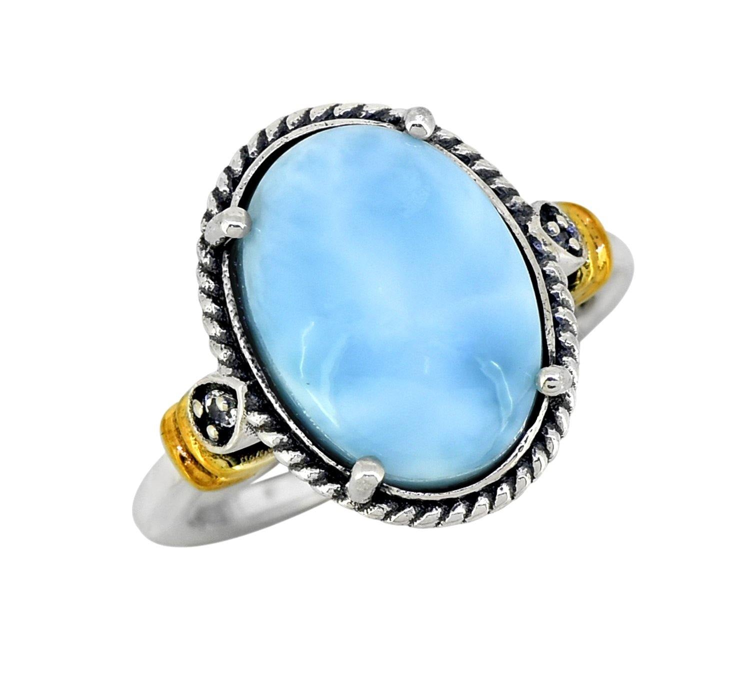 Larimar White Topaz Solid 925 Sterling Silver Gold Plated Ring Genuine Gemstone Jewelry - YoTreasure