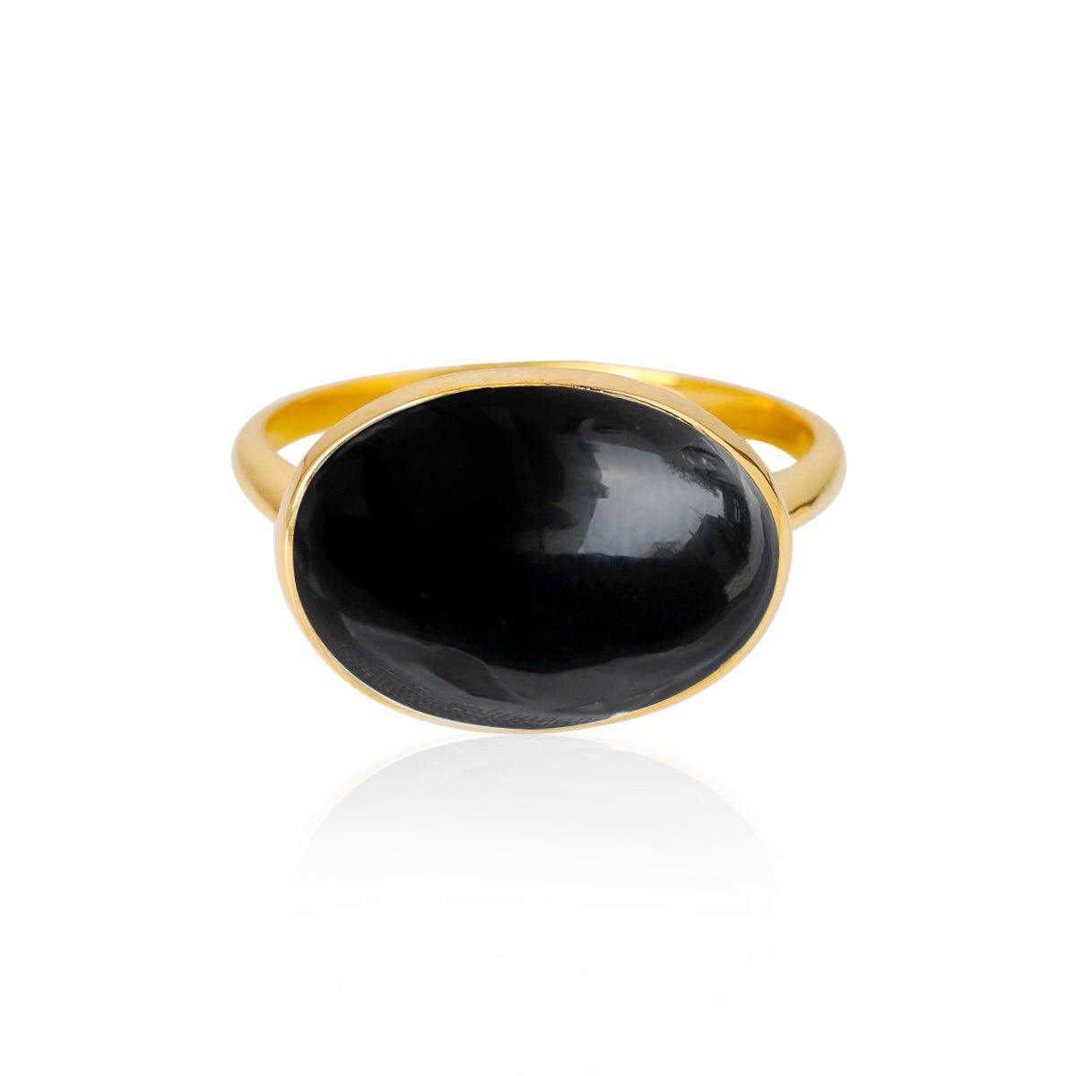 14K Gold Over Sterling Silver Oval Black Onyx Dome Adjustable Ring