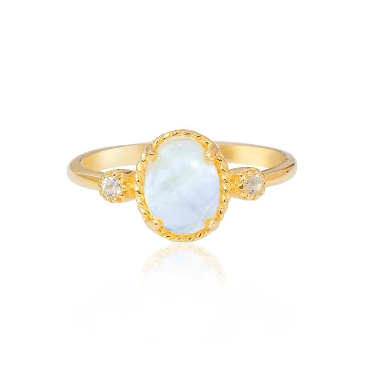 Rainbow Moonstone & White Topaz 14k Gold Over 925 Silver Ring - YoTreasure