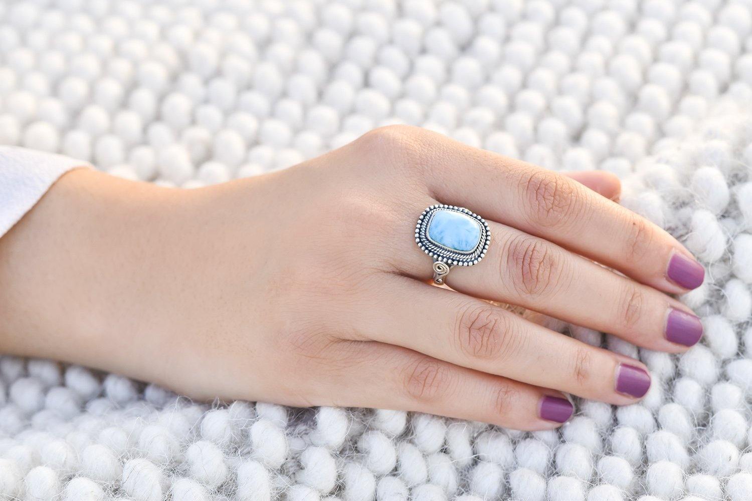Natural Larimar Solid 925 Sterling Silver Ring Jewelry - YoTreasure