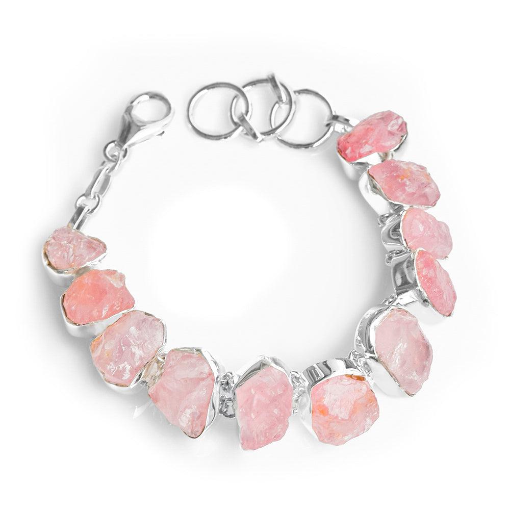 Raw Rose Quartz Solid 925 Sterling Silver Link Chain Bracelet Jewelry 8.5 Inch - YoTreasure