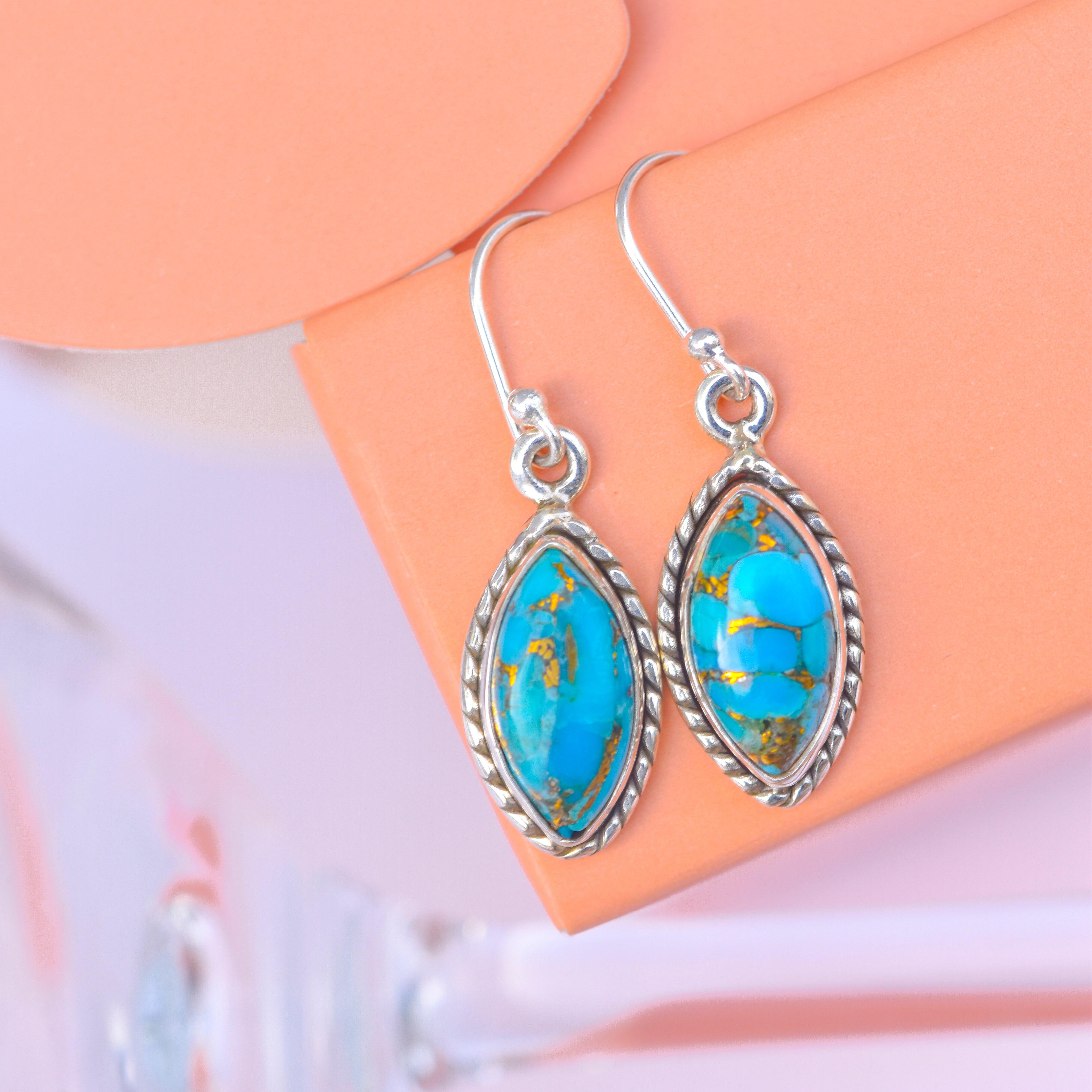 Blue Copper Turquoise Solid 925 Sterling Silver Dangle Earrings Jewelry - YoTreasure