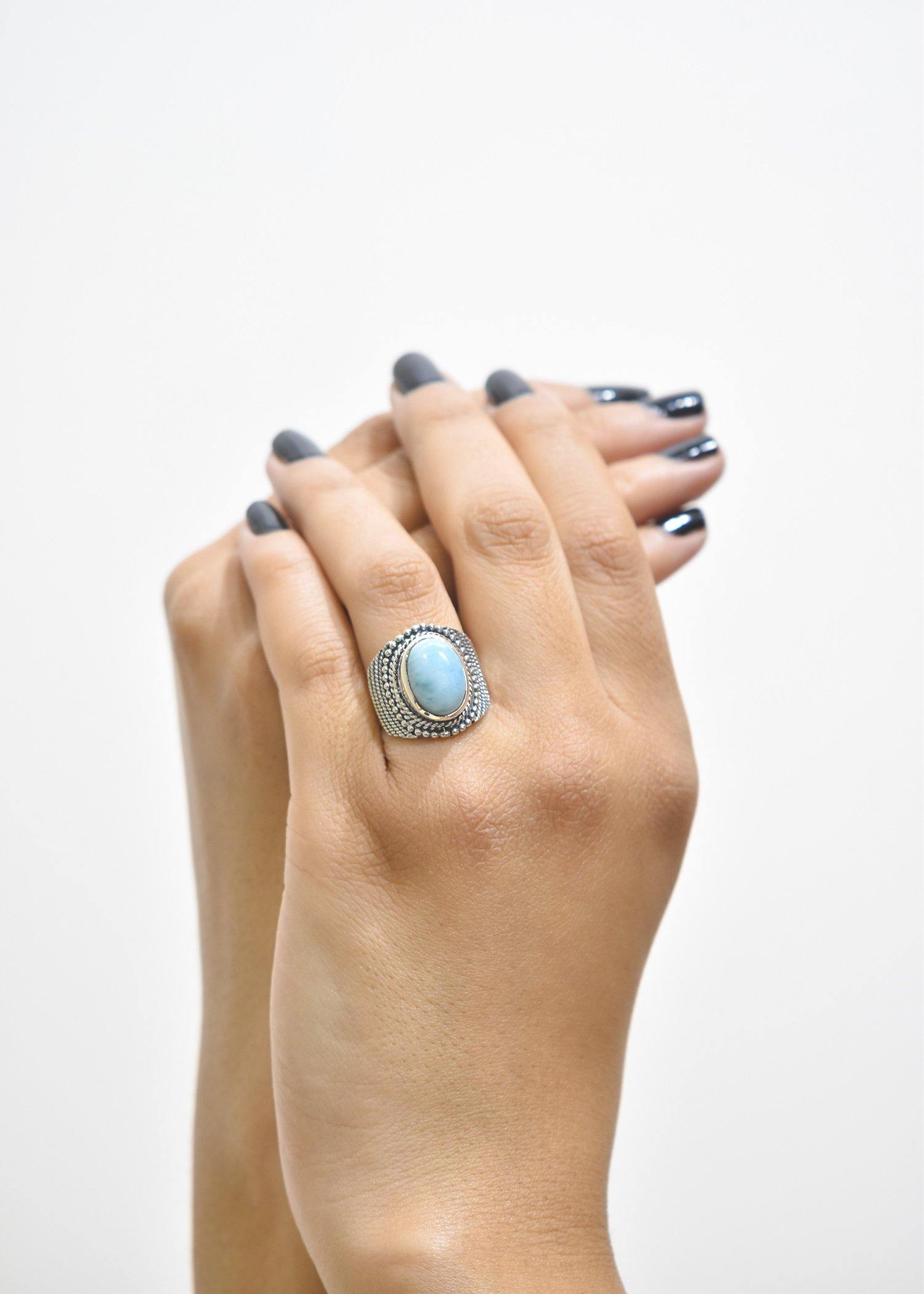 Natural Larimar Solid 925 Sterling Silver Ring Jewelry - YoTreasure