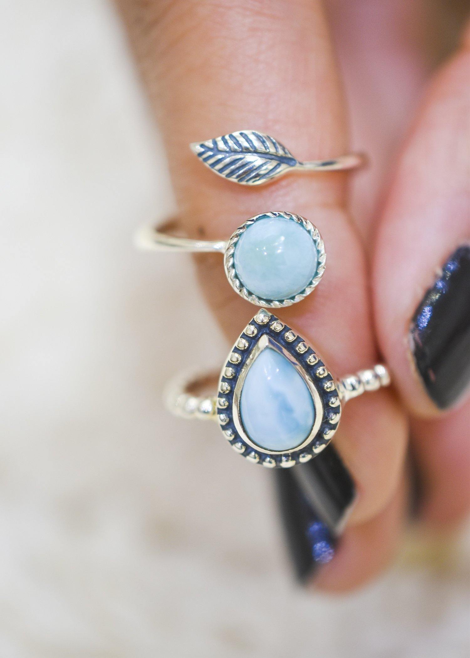 Larimar 925 Sterling Silver Leaf Design Ring Genuine Gemstone Jewelry - YoTreasure