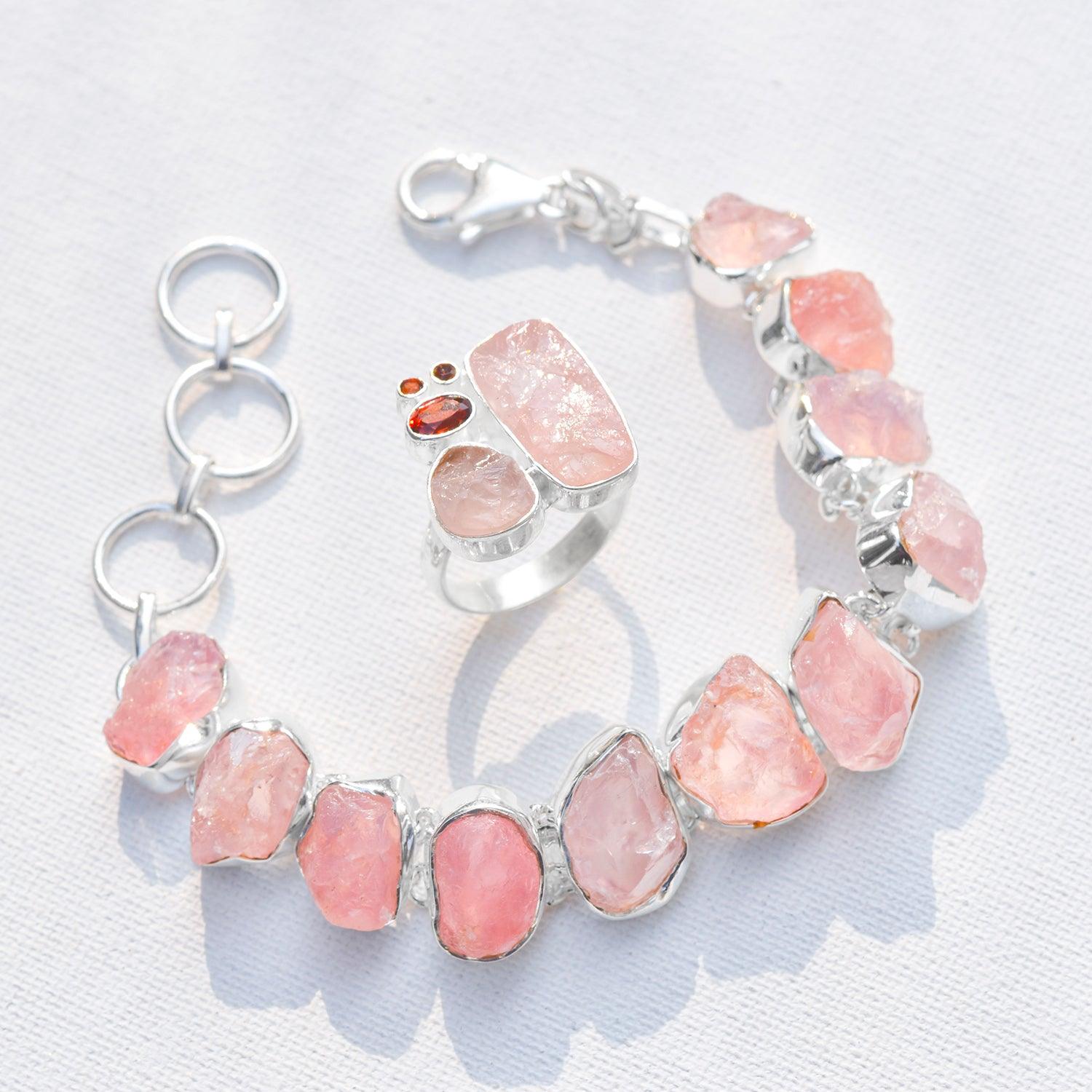 Raw Rose Quartz Solid 925 Sterling Silver Link Chain Bracelet Jewelry 8.5 Inch - YoTreasure