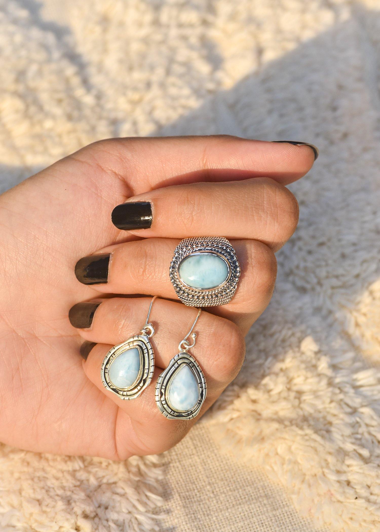 Natural Larimar Solid 925 Sterling Silver Ring Jewelry - YoTreasure