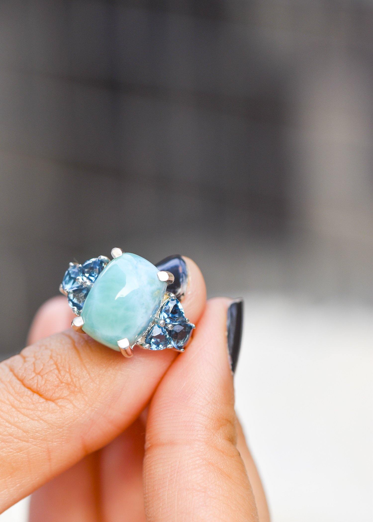 7.30 Ct. Natural Larimar London Blue Topaz Solid 925 Sterling Silver Ring Jewelry - YoTreasure