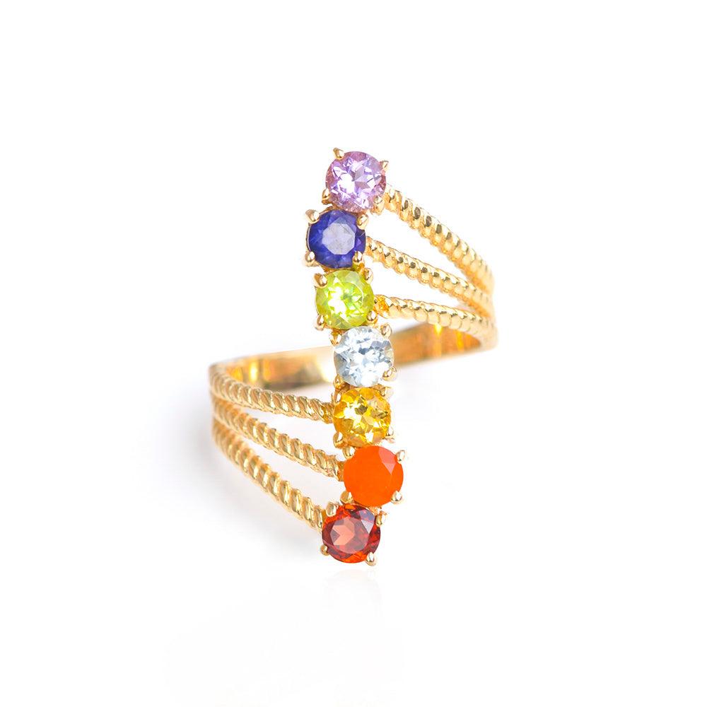 Chakra Stone Solid 925 Sterling Silver Gold Plated Bypass Ring - YoTreasure