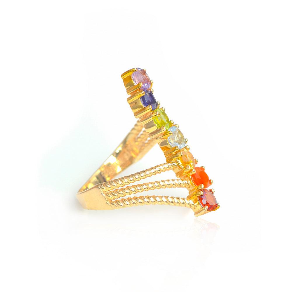 Chakra Stone Solid 925 Sterling Silver Gold Plated Bypass Ring - YoTreasure