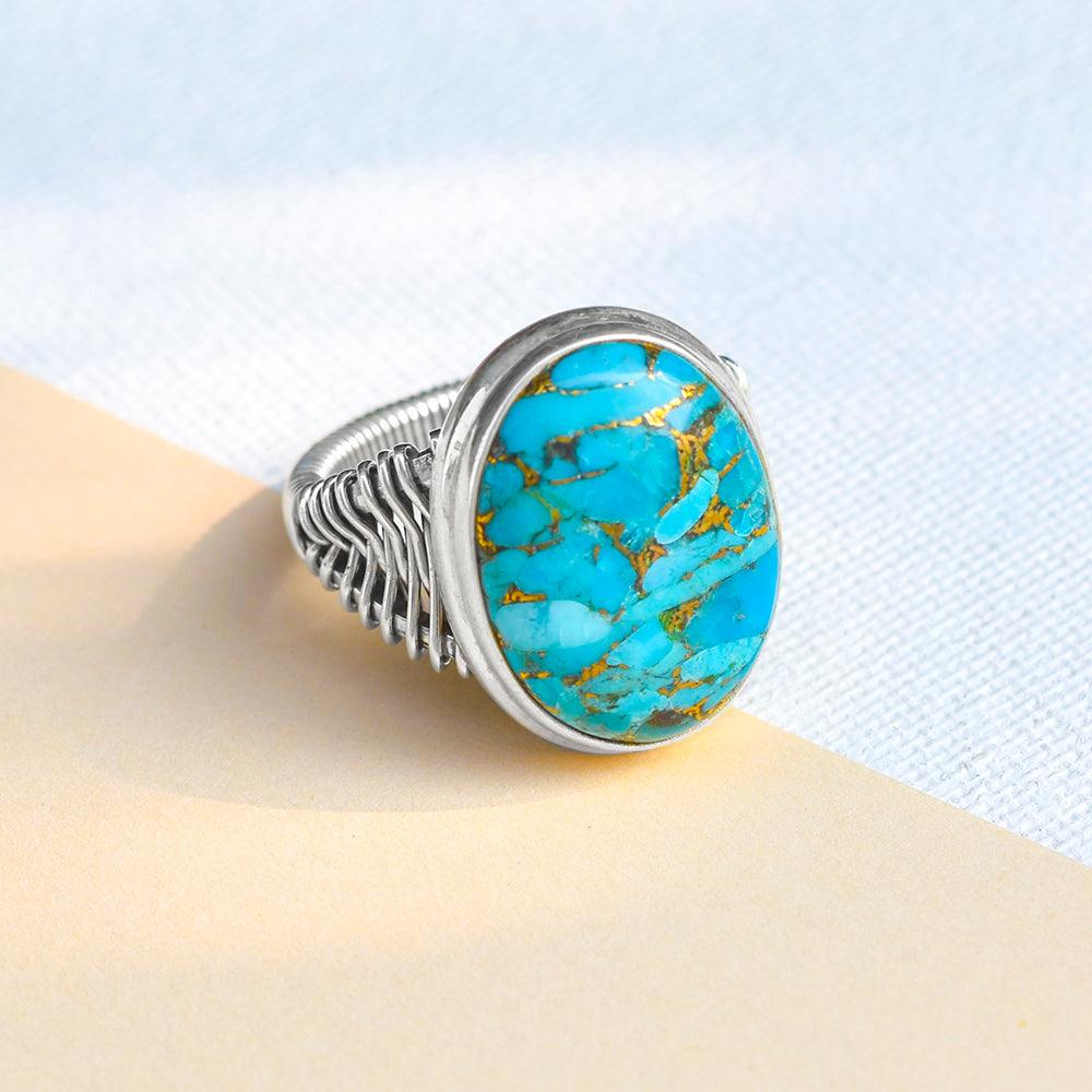 Blue Copper Turquoise Solid 925 Sterling Silver Cocktail Ring Jewelry - YoTreasure