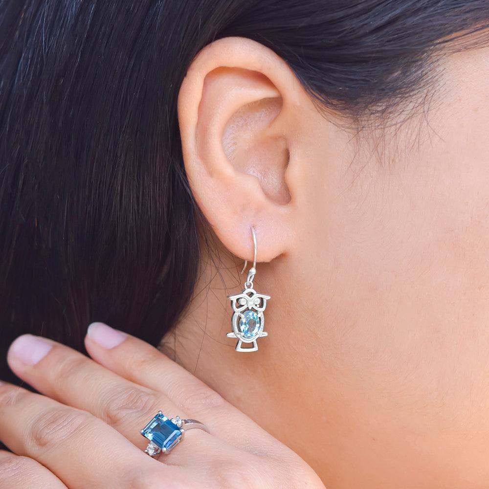 1 1/2" Blue Topaz Owl Design Dangle Earrings - YoTreasure
