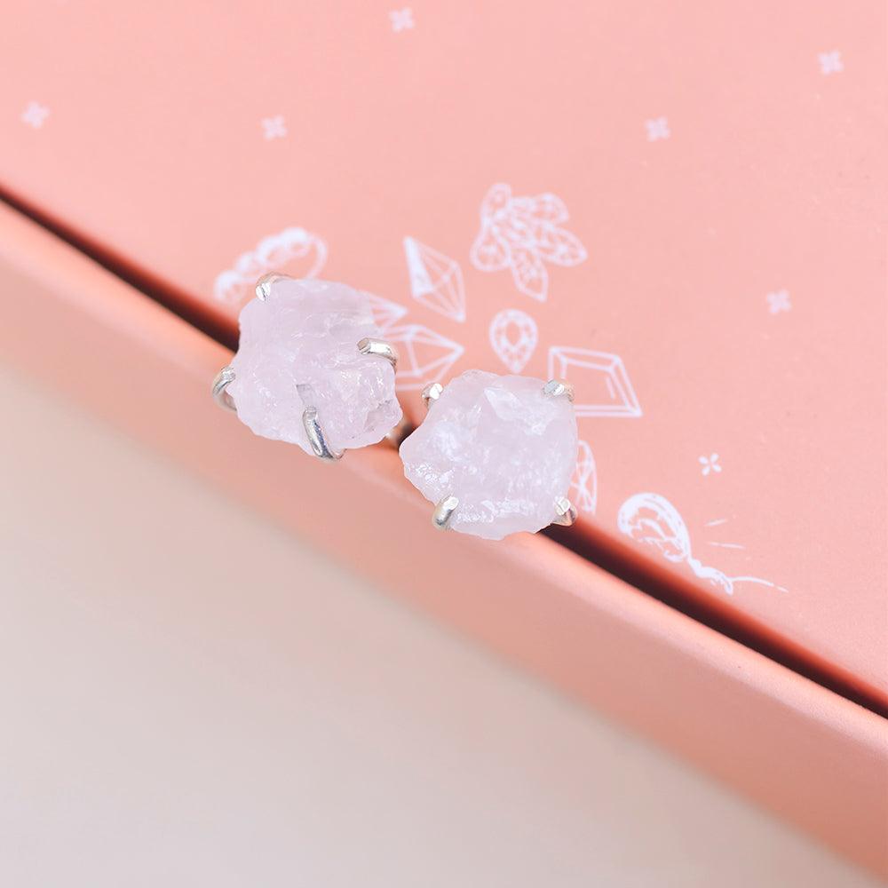 Raw Rose Quartz Solid 925 Sterling Silver Stud Earrings Jewelry - YoTreasure