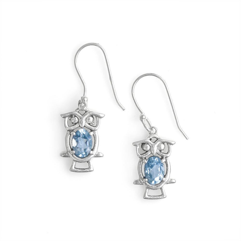 1 1/2" Blue Topaz Owl Design Dangle Earrings - YoTreasure