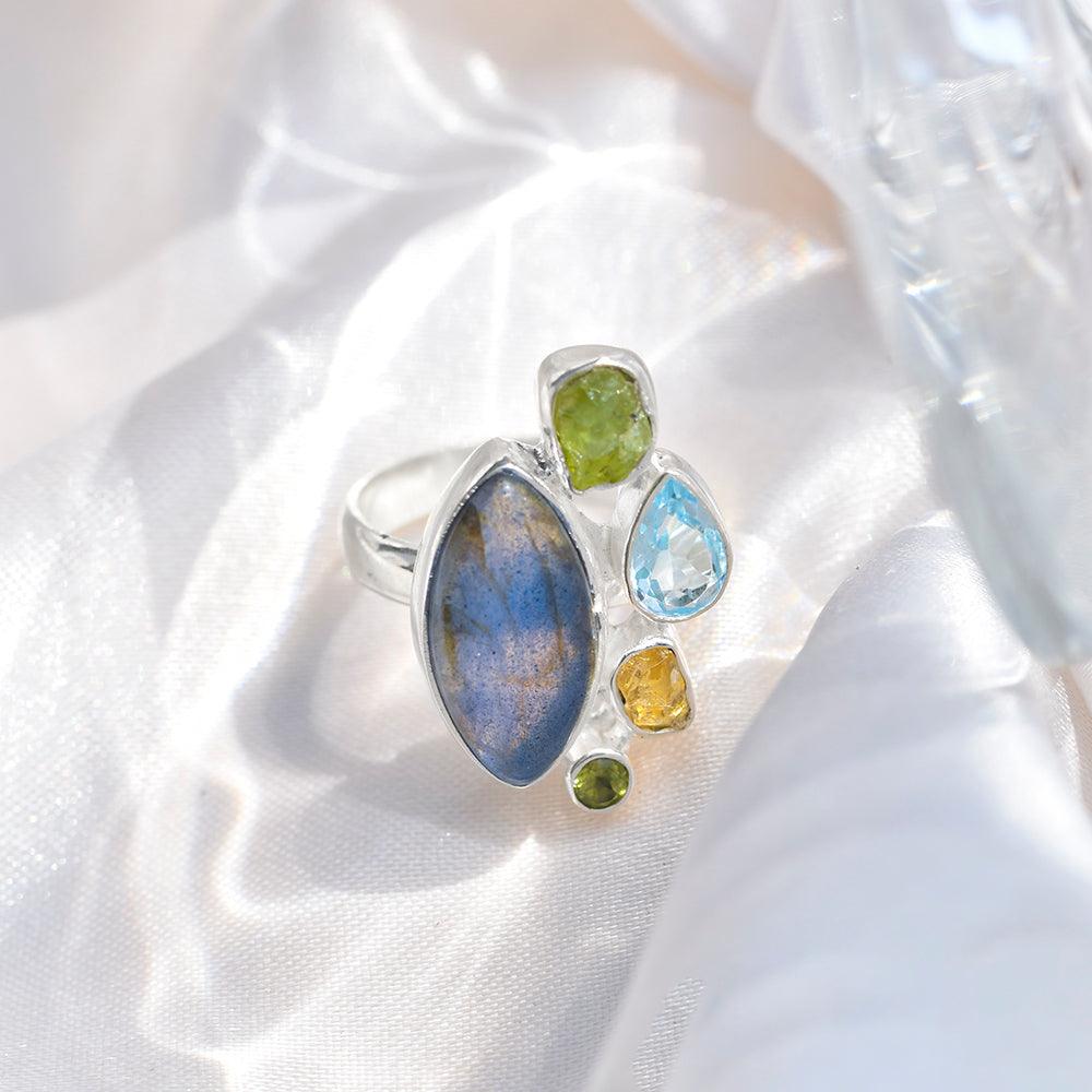 Labradorite Multi Gemstone Solid 925 Sterling Silver Statement Ring Jewelry - YoTreasure