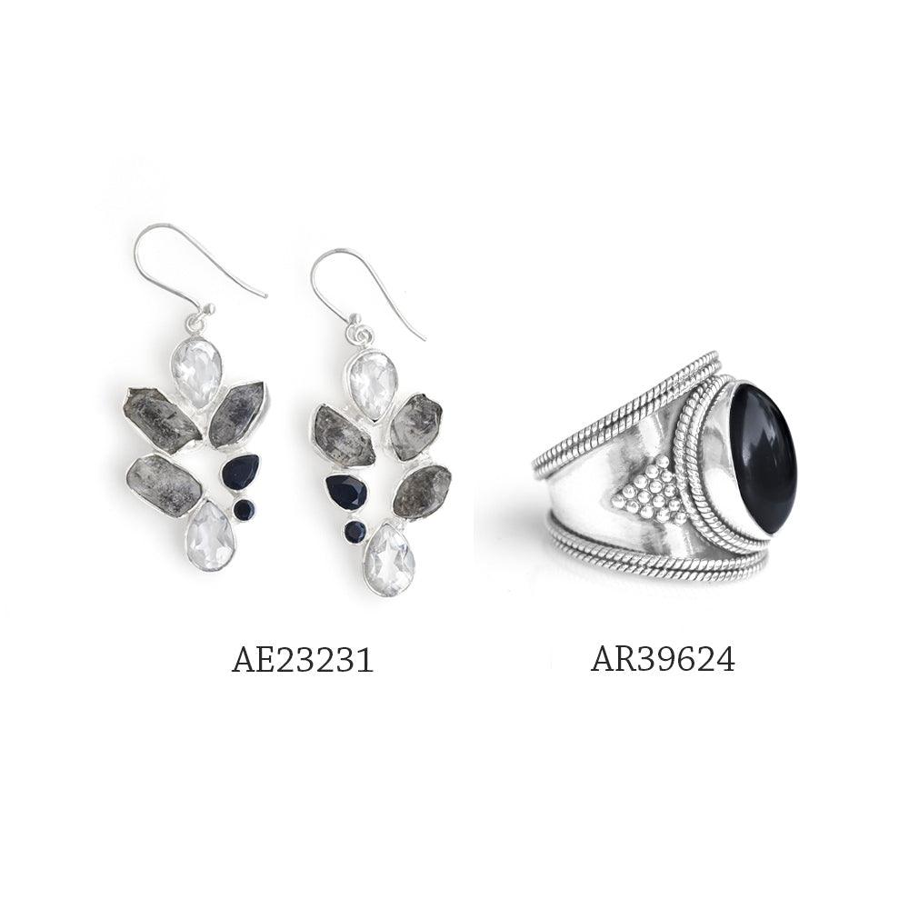 Crystal Quartz Raw Herkimer Black Onyx Solid 925 Sterling Silver Dangle Earrings Jewelry - YoTreasure